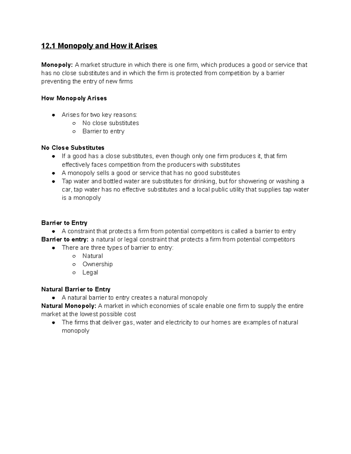 Chapter 12 - lecture notes - 12 Monopoly and How it Arises Monopoly: A ...