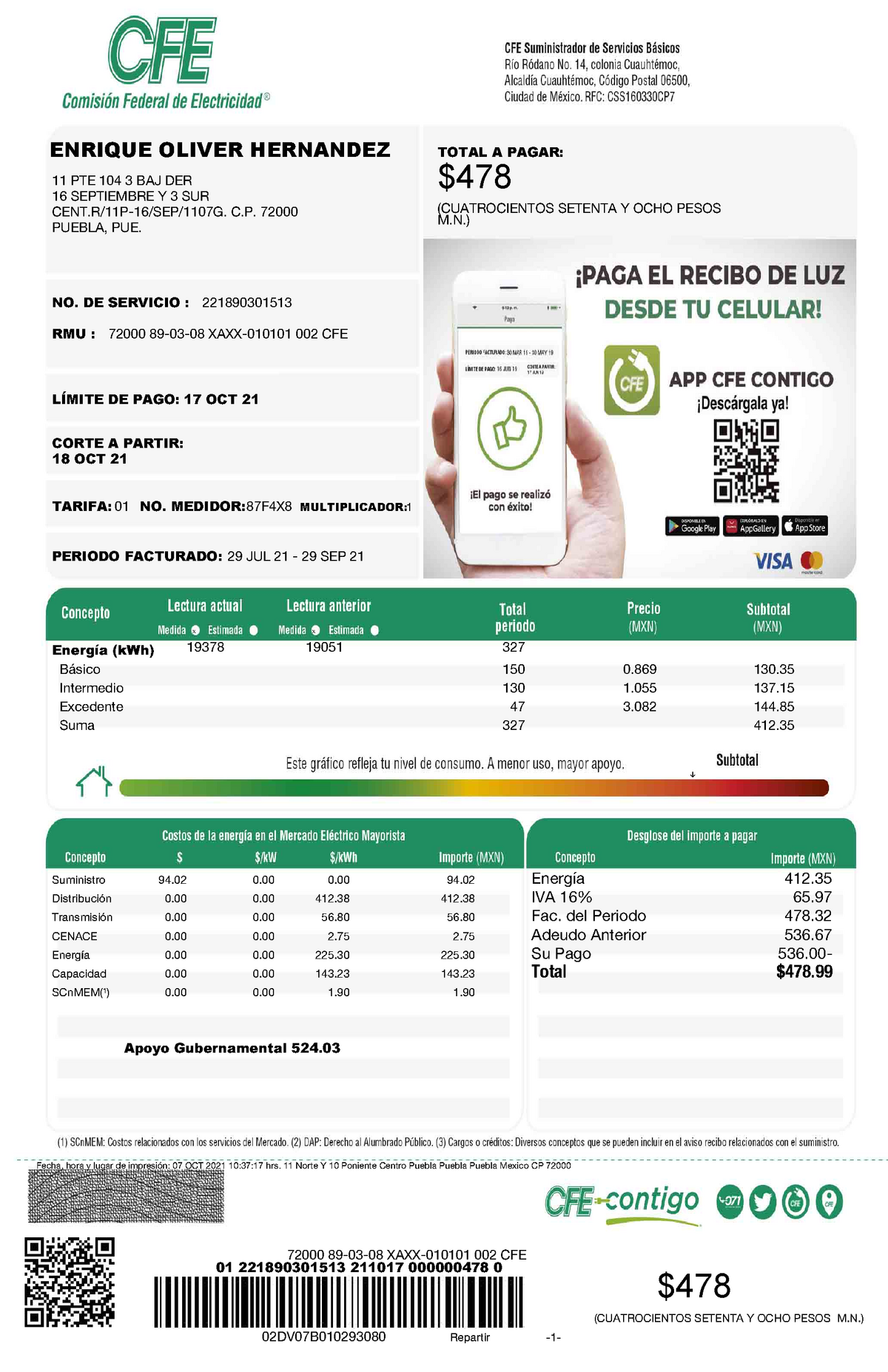 Recibo De Luz Original Pdf 2021 Octubre Total A Pagar Cuatrocientos Setenta Y Ocho Pesos M 8088