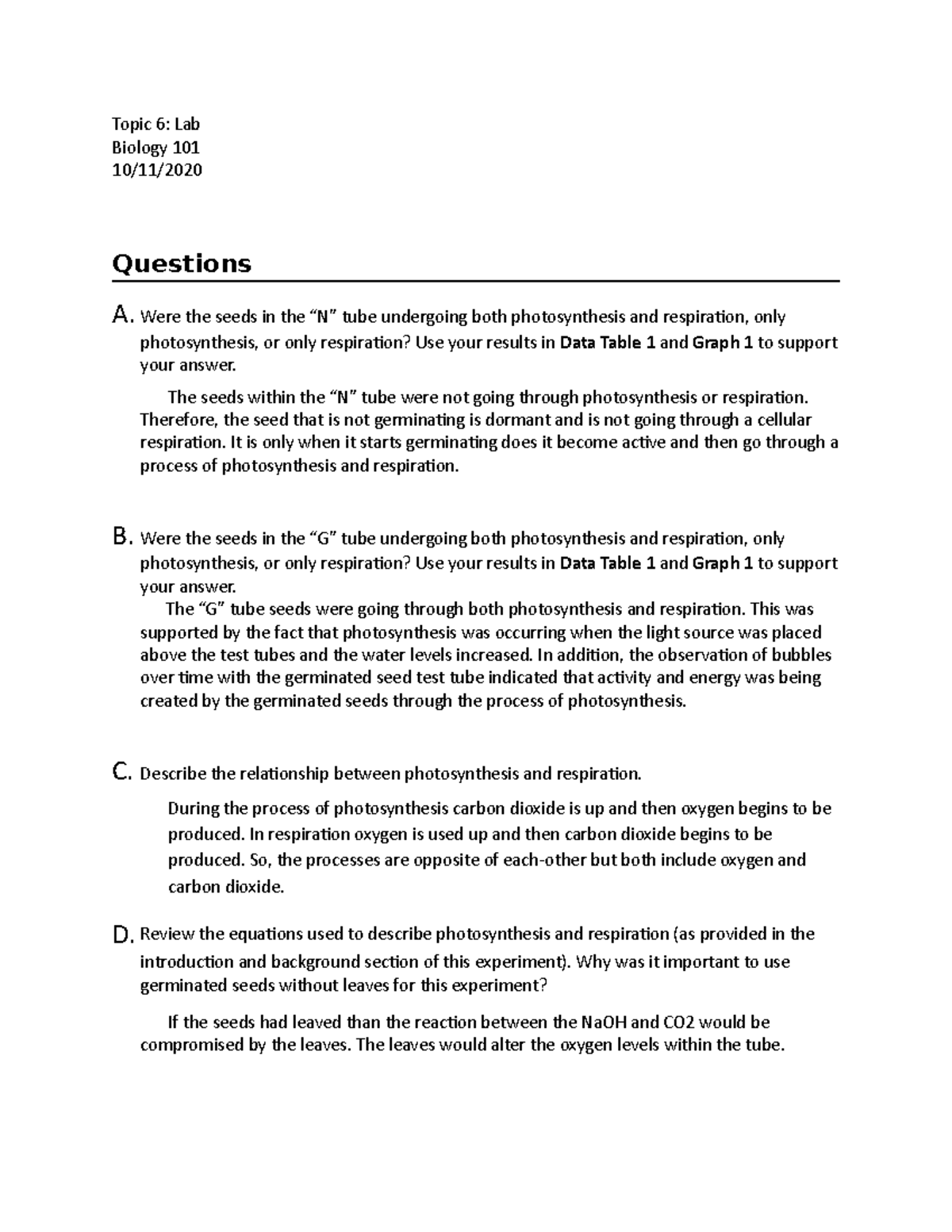 Lab 6 Questions Seed germination project lab report Topic 6 Lab