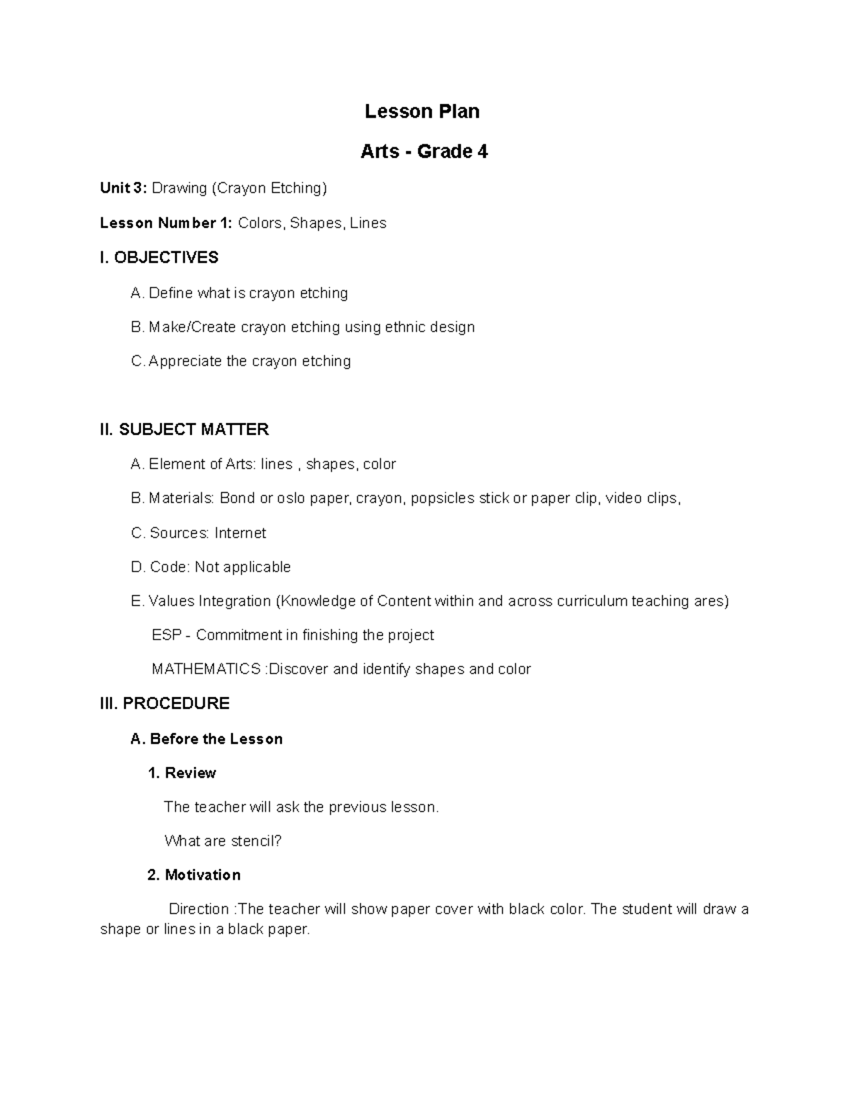 DrawingCrayon Etching Lesson Plan Arts Grade 4 Unit 3 Drawing