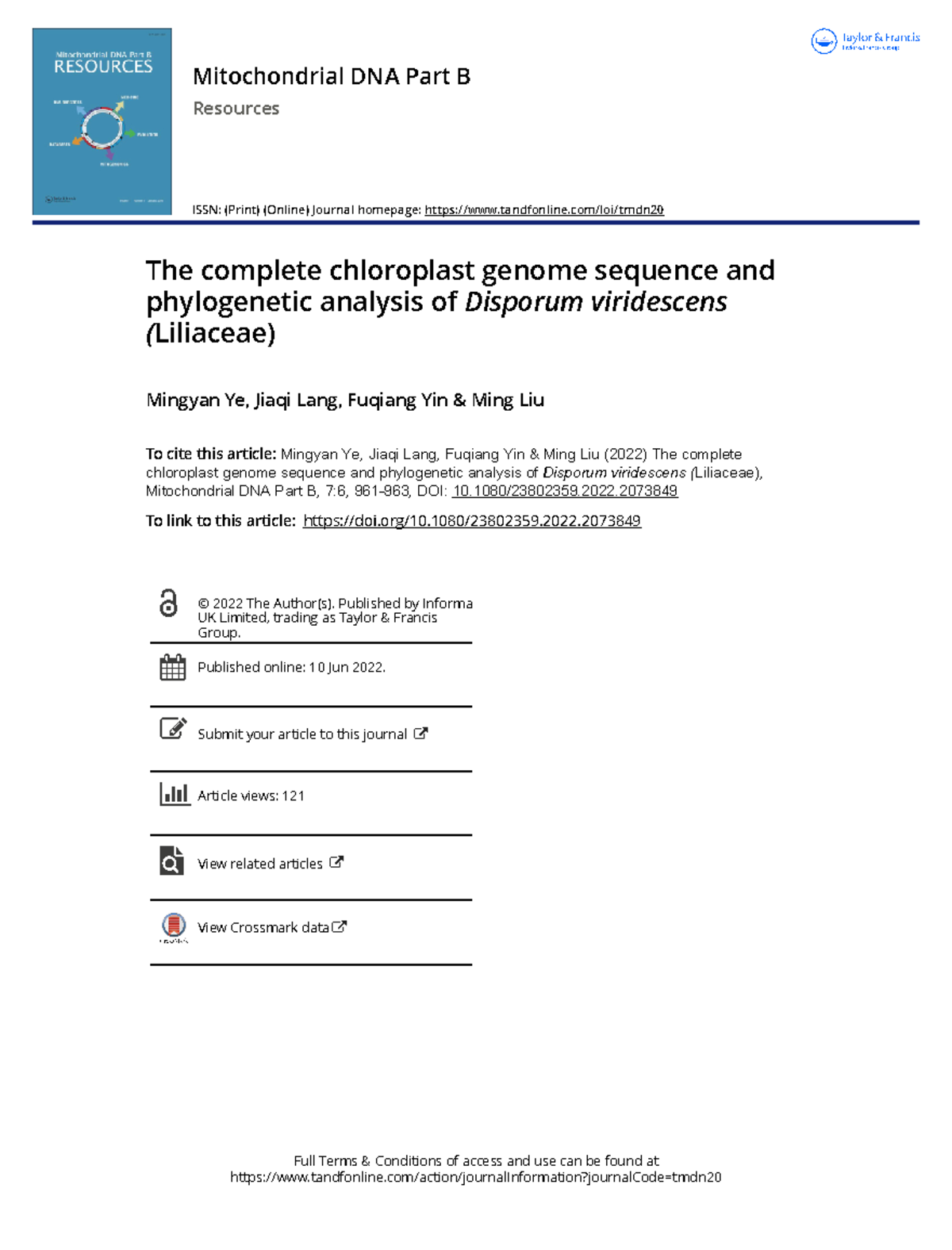 The complete chloroplast genome sequence and - To link to this article ...