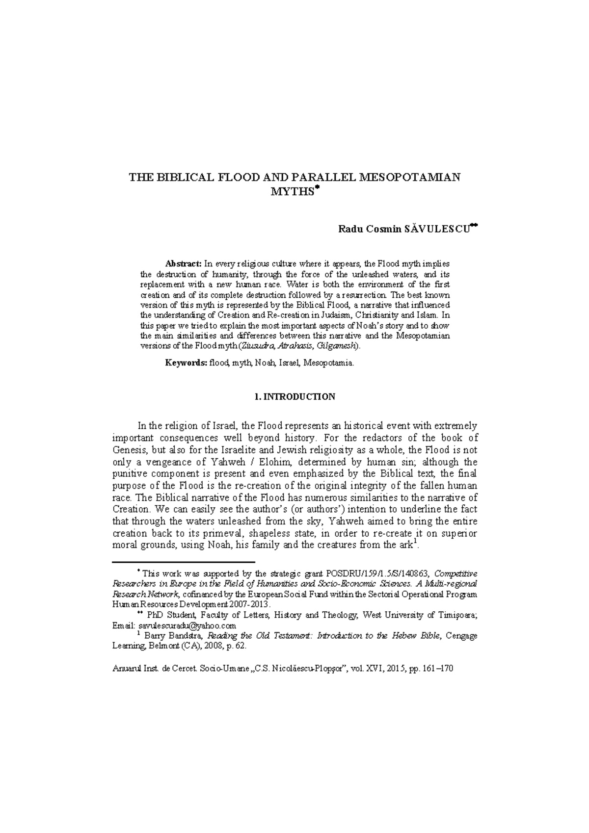 Săvulescu - The Biblical Flood and Parallel Mesopotamian Myths (2015 ...