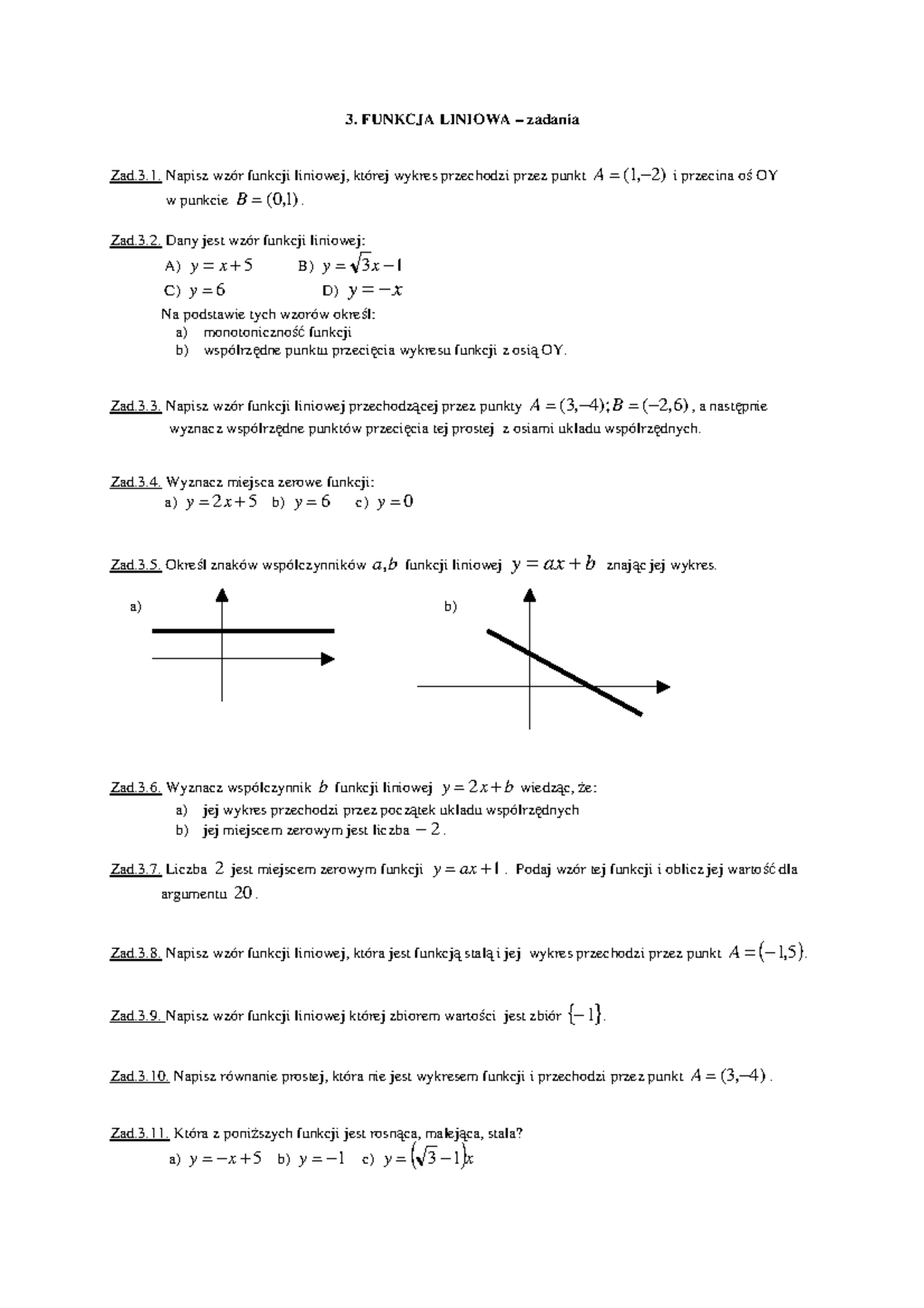 Sprawdzian Matematyka 2 Liceum Funkcja Liniowa