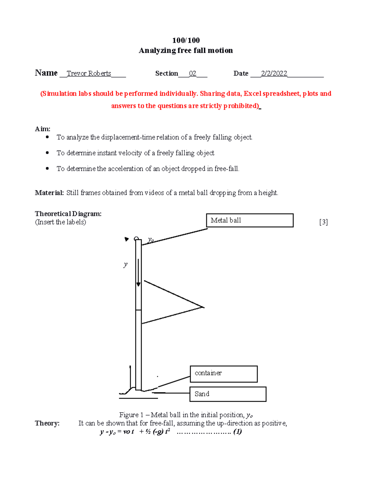 lab report physics matriculation experiment 2 free fall motion