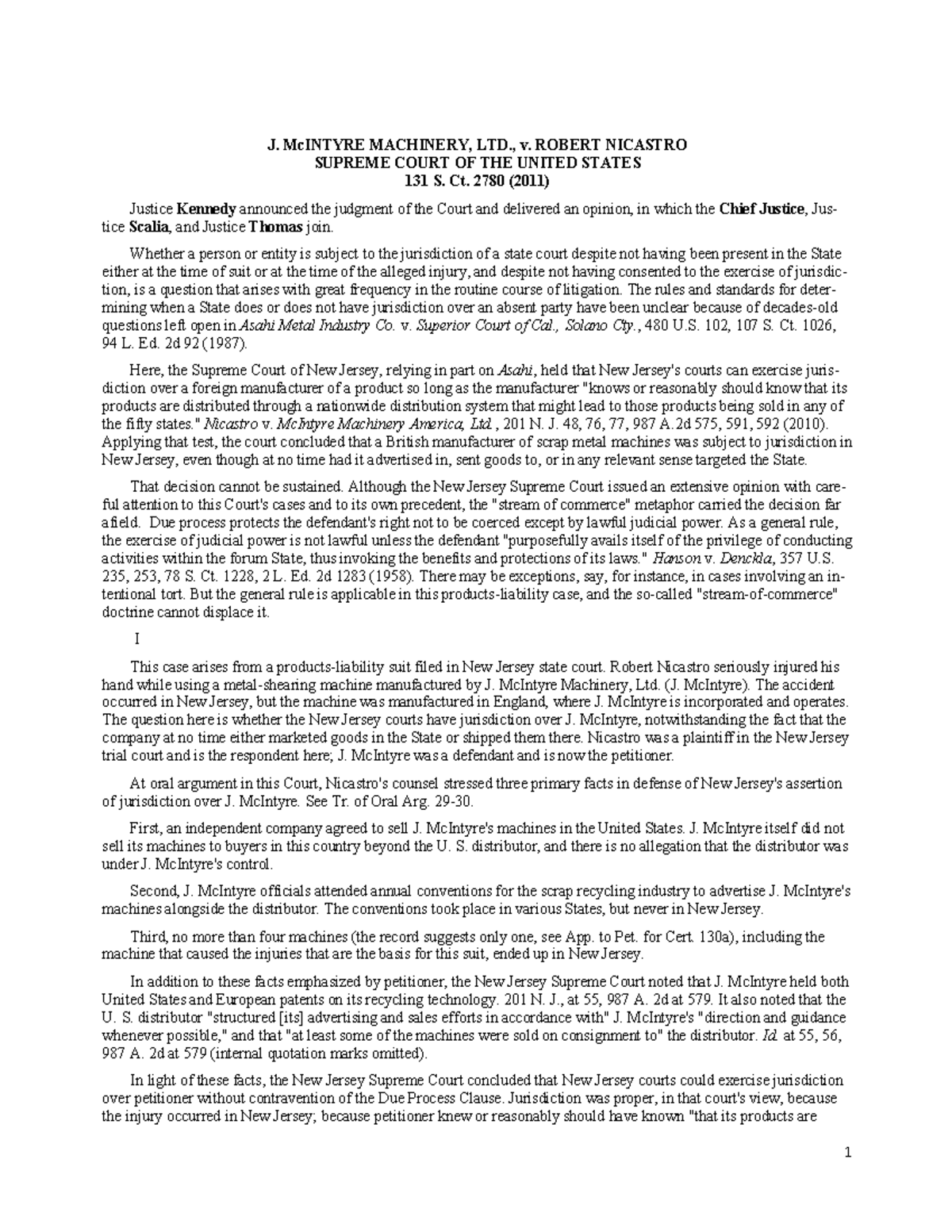 Class 7 Nicastro Civil Procedure Fall 2022 Craig Cowie J. McINTYRE MACHINERY, LTD., v