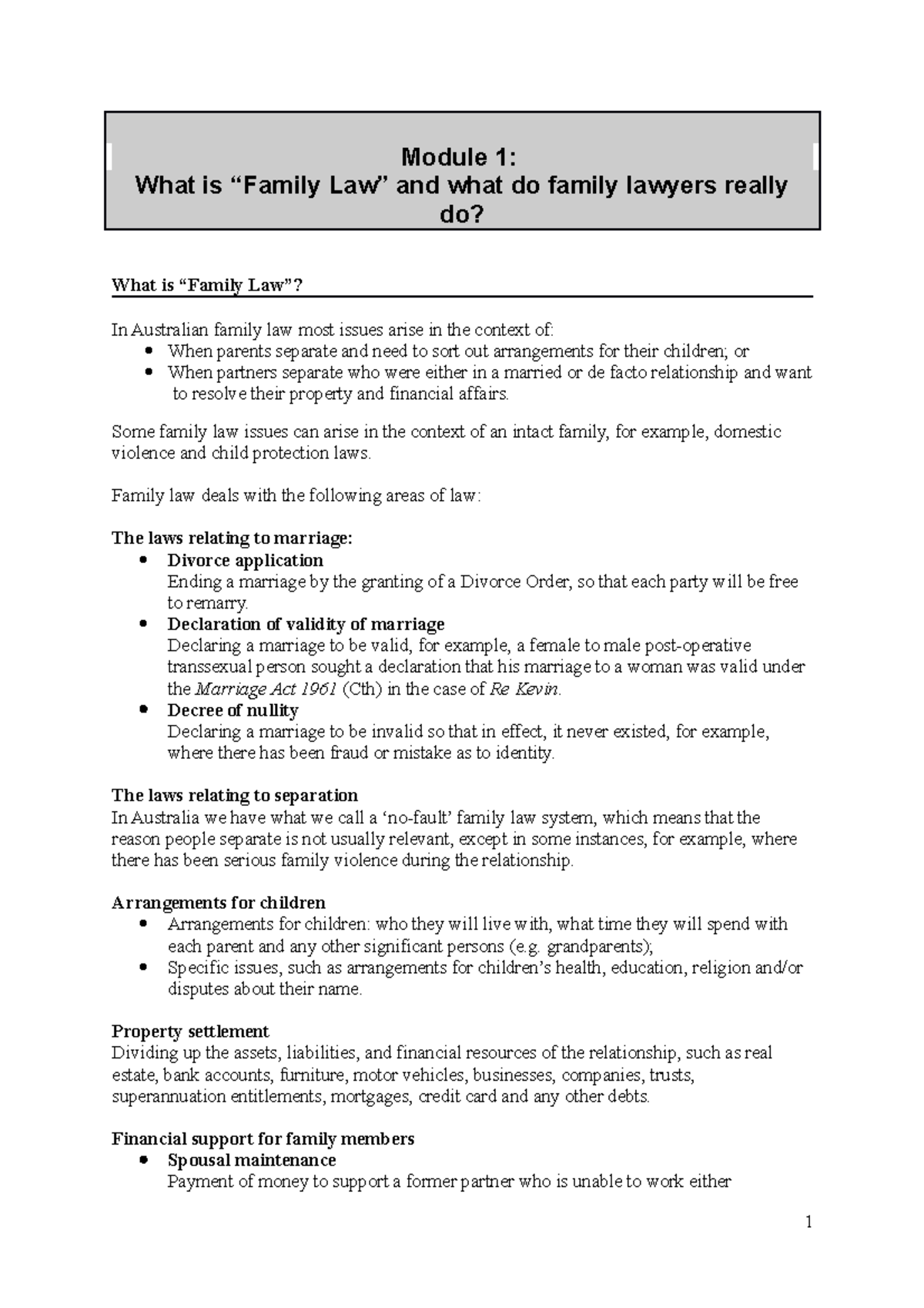 family law masterdom weeks 1-6 - Module 1: What is “Family Law” and ...
