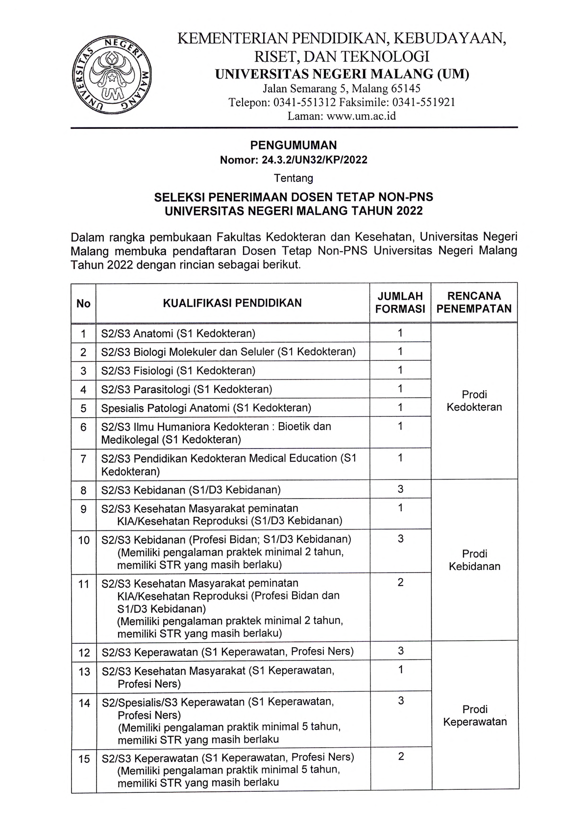 Seleksi Penerimaan Dosen Tetap Non PNS FKK UM Tahun 2022 1 ...