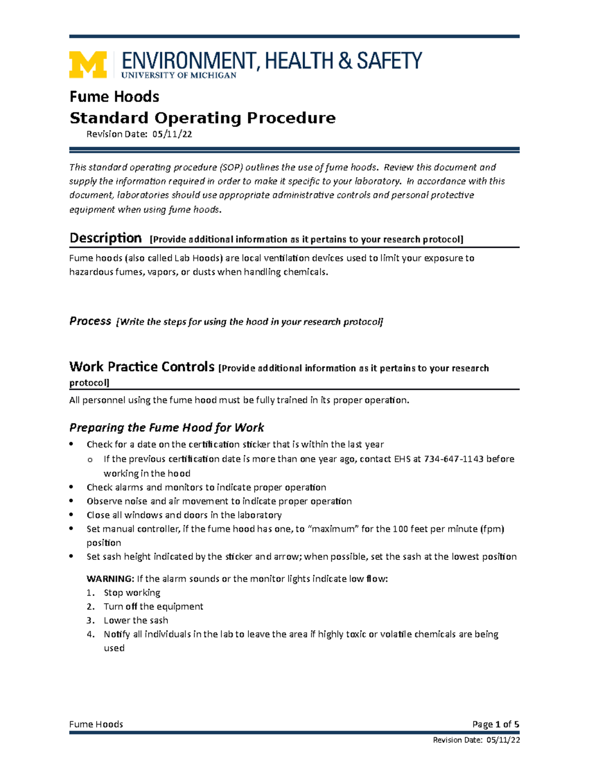 FumeHood RISK ANALYSIS AND HAZARD COMMUNICATION Fume Hoods Standard Operating Procedure