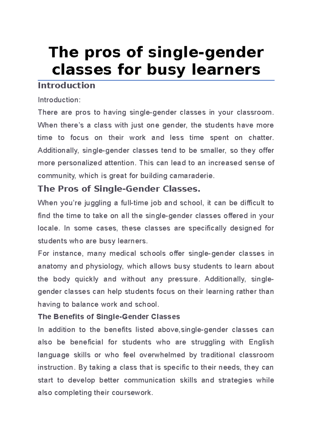 The pros of singlegender classes for busy learners The pros of singlegender classes for busy