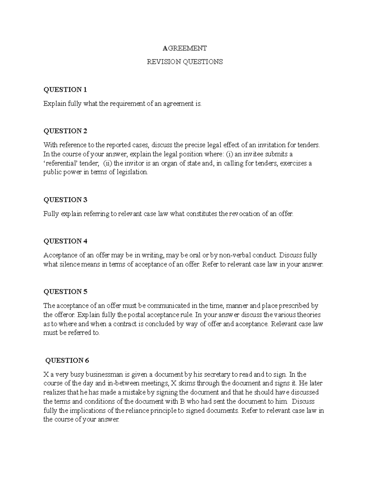 Revision Questions Contract Law - A GREEMENT REVISION QUESTIONS ...