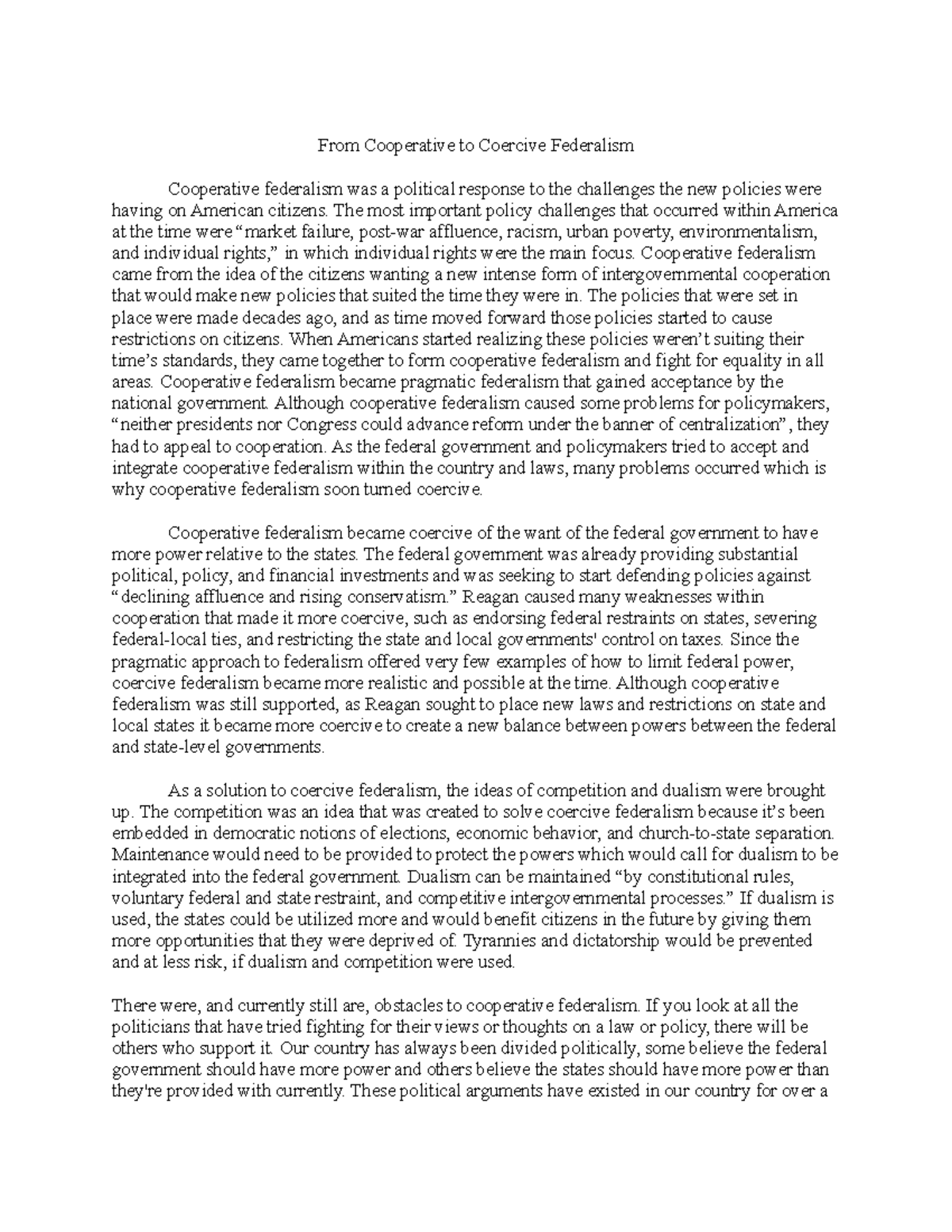 From Cooperative to Coercive Federalism From Cooperative to Coercive