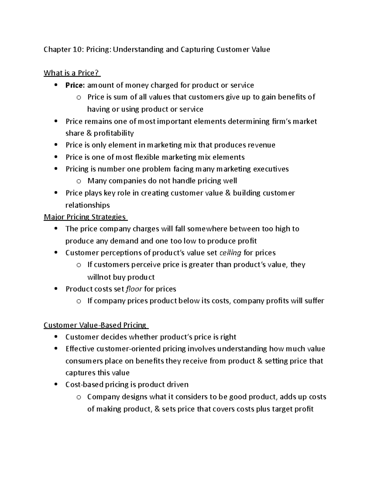 Chapter 10 - Notes - Chapter 10: Pricing: Understanding and Capturing ...