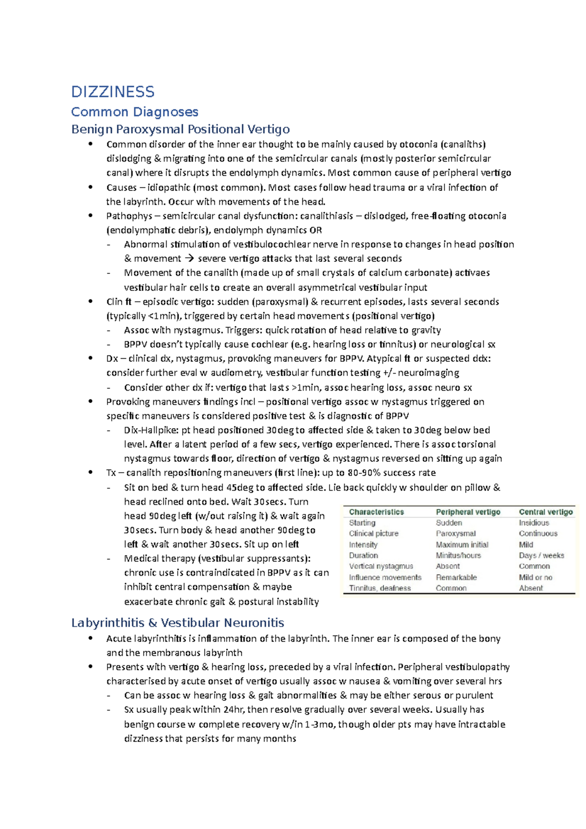 Dizziness causes DIZZINESS Common Diagnoses Benign Paroxysmal