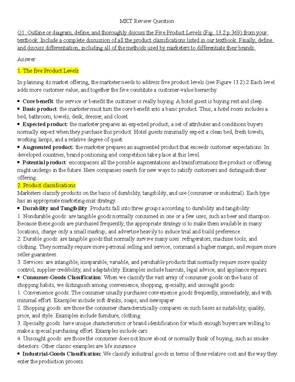 MARKETING - NOTES - MKT Review Question Q1: Outline or diagram, define ...