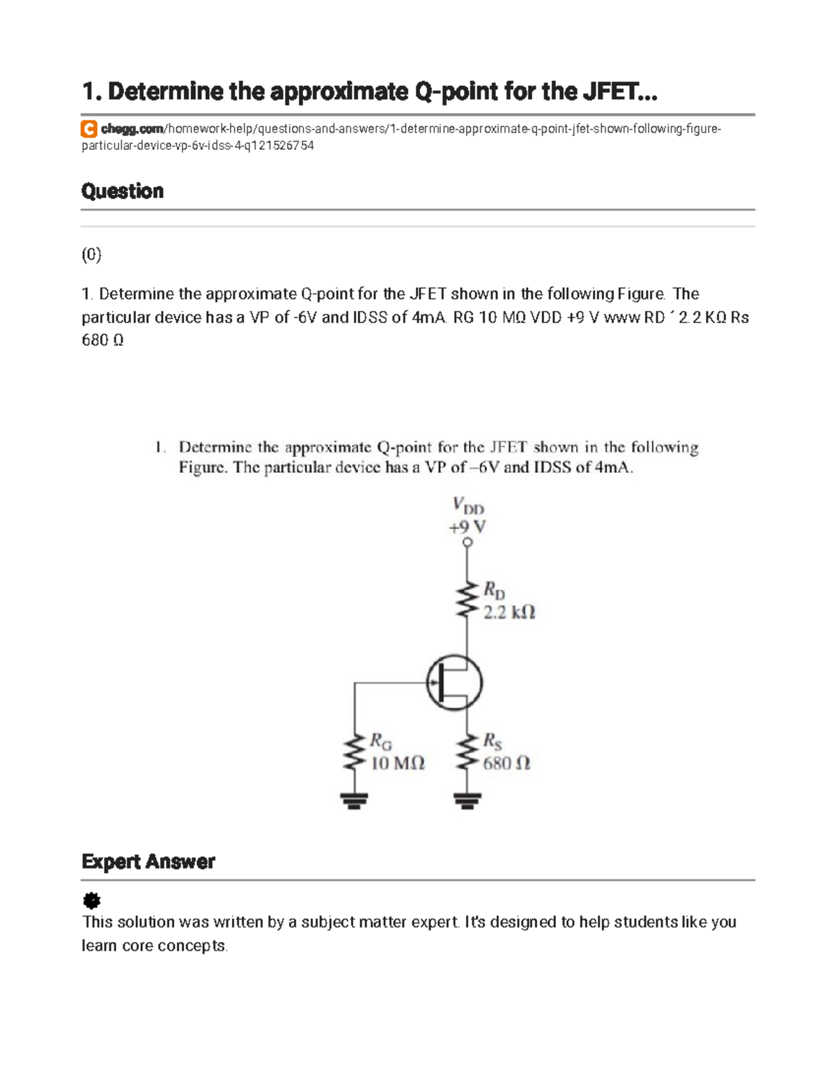 1. Determine the approximate Qpoint for the JFET... Chegg 1