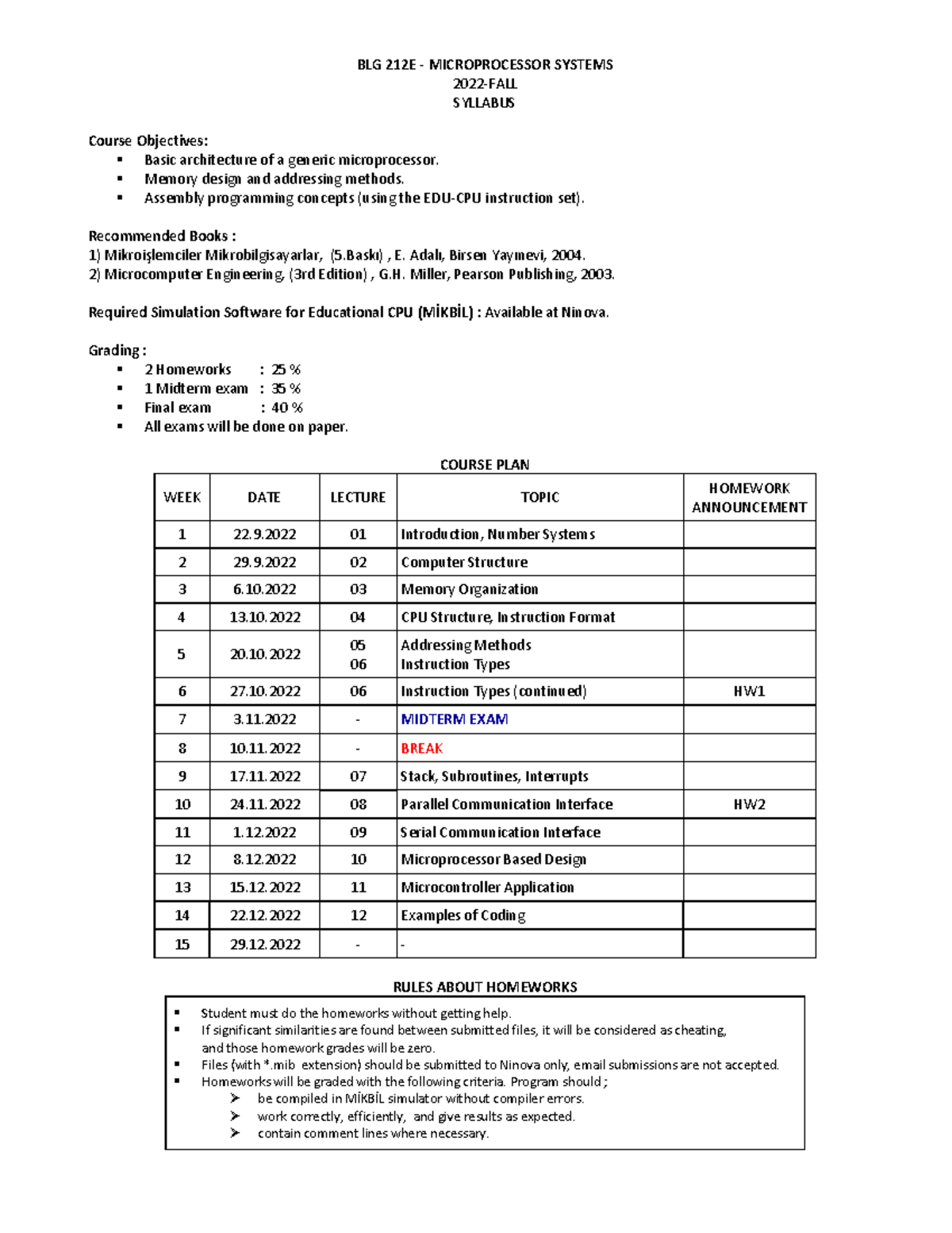 Syllabus - BLG 212E - MICROPROCESSOR SYSTEMS 2022-FALL SYLLABUS Course ...