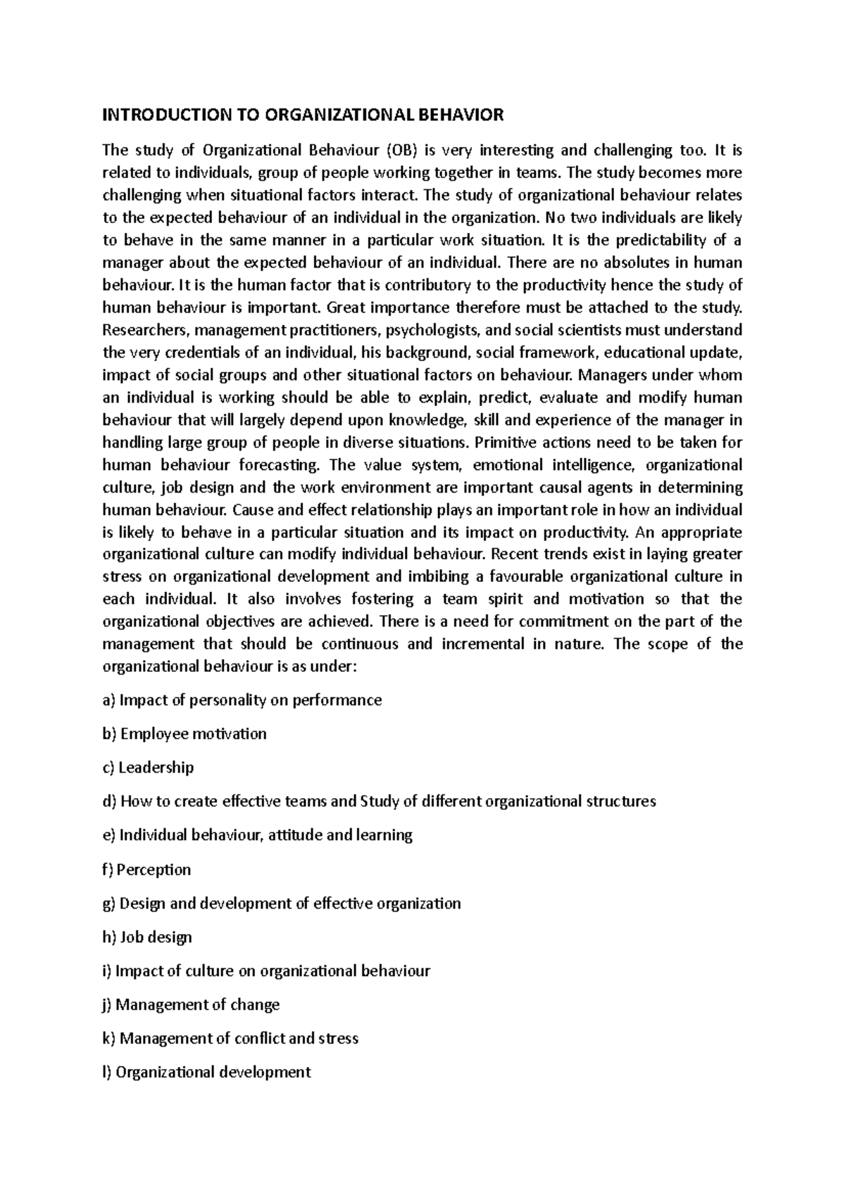 Introduction TO Organizational Behavior - INTRODUCTION TO ...