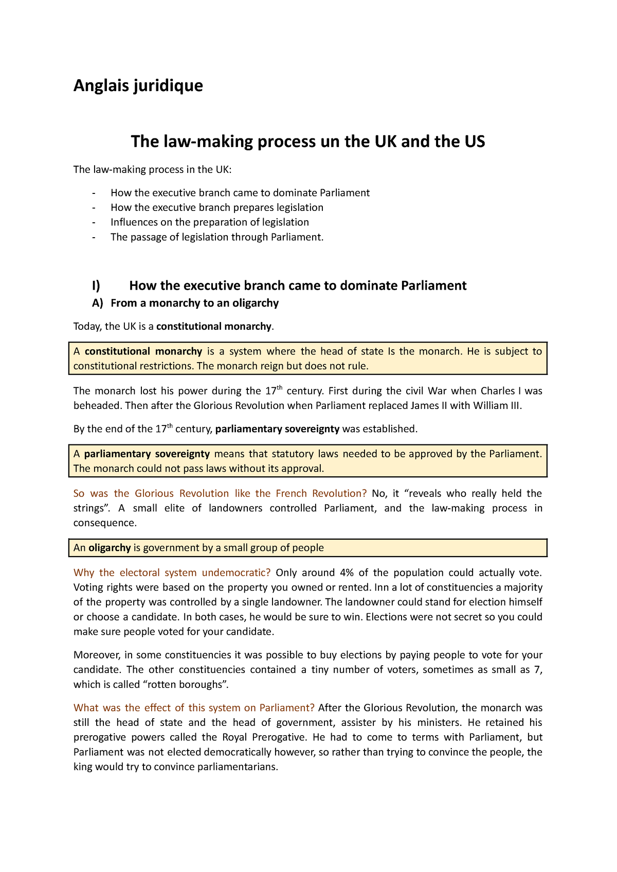 Anglais Juridique L3 S5 - Anglais Juridique The Law-making Process Un ...