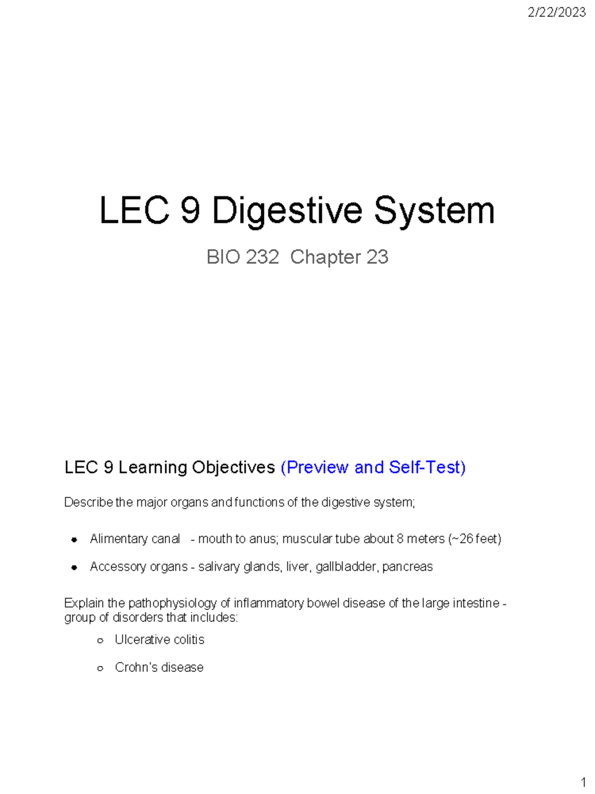 LEC 9 Digestive System (2 Slides Per Page) - LEC 9 Digestive System BIO ...