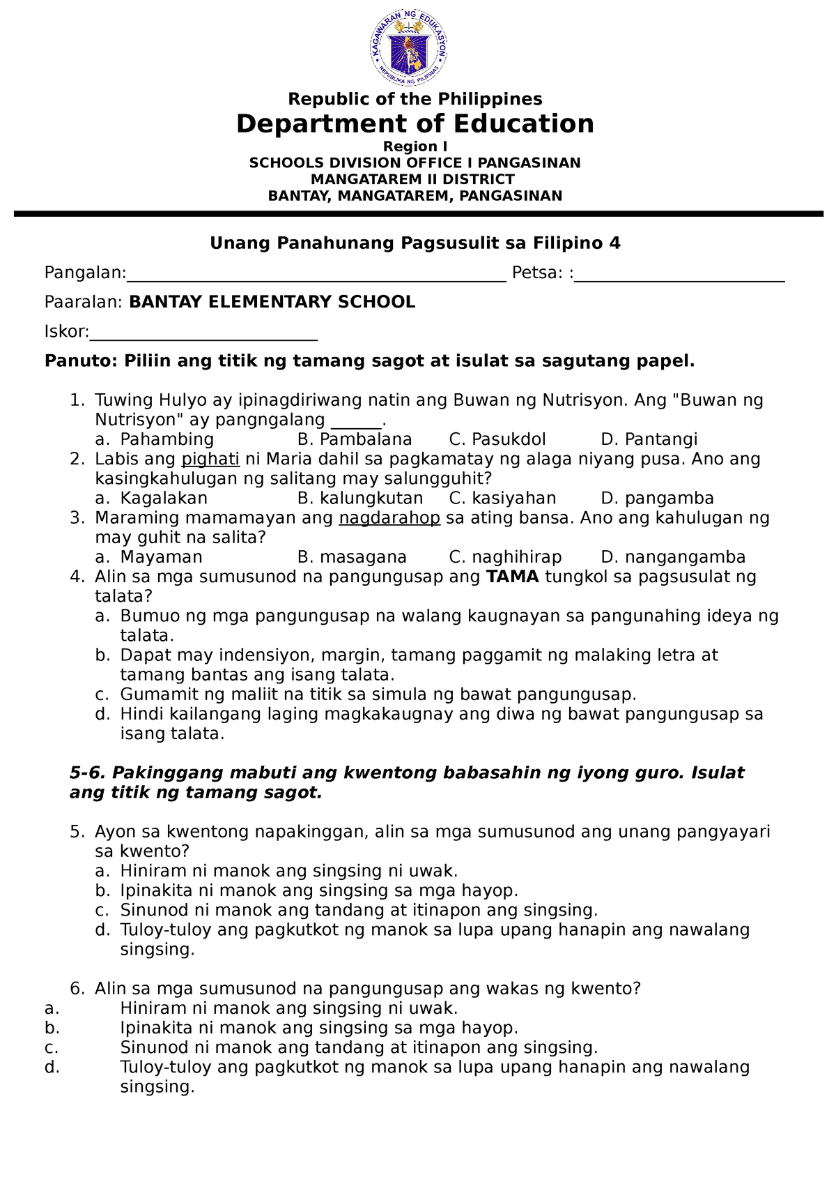 1st Periodical Test Filipino 4 Q1 Final Republic Of The Philippines Department Of Education 8024