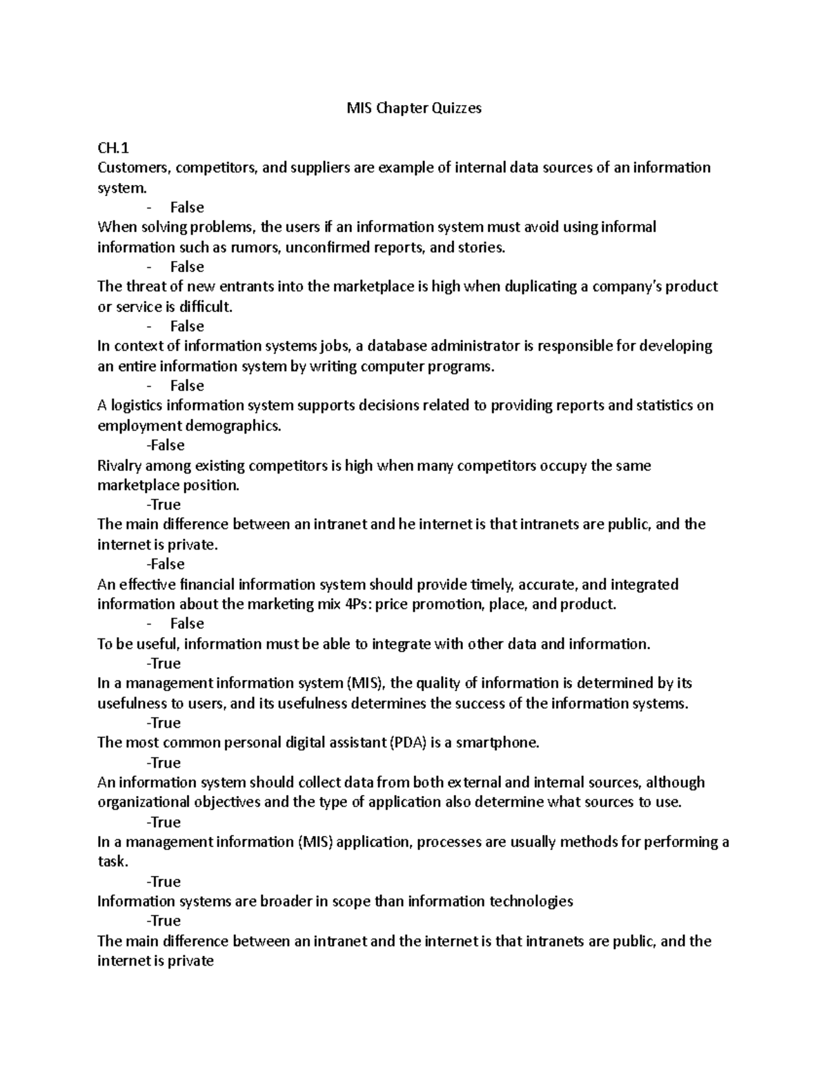 MIS Chapter Quizzes - practice questions - MIS Chapter Quizzes CH ...