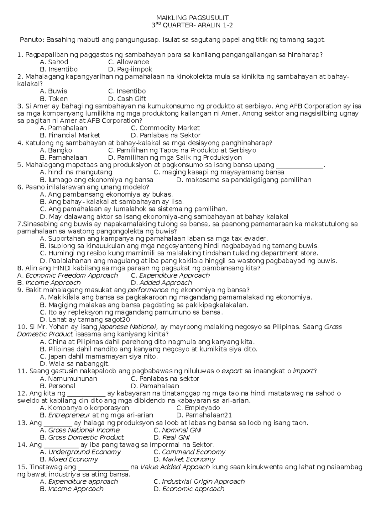 Quiz 1-2 - Maikling Pagsusulit - MAIKLING PAGSUSULIT 3 RD QUARTER ...