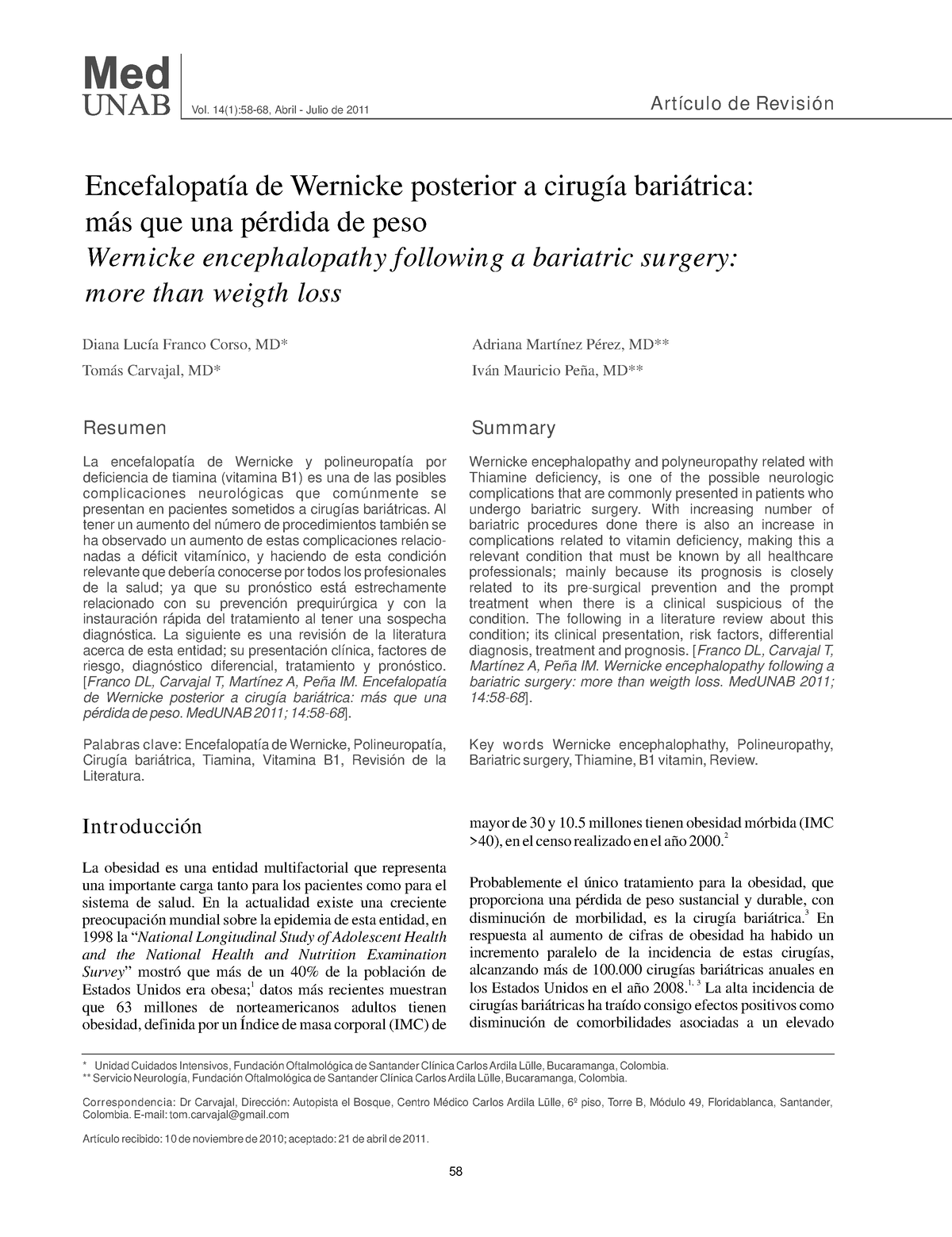 Encefalopatía de Wernicke posterior a cirugía bariátrica - Integración ...