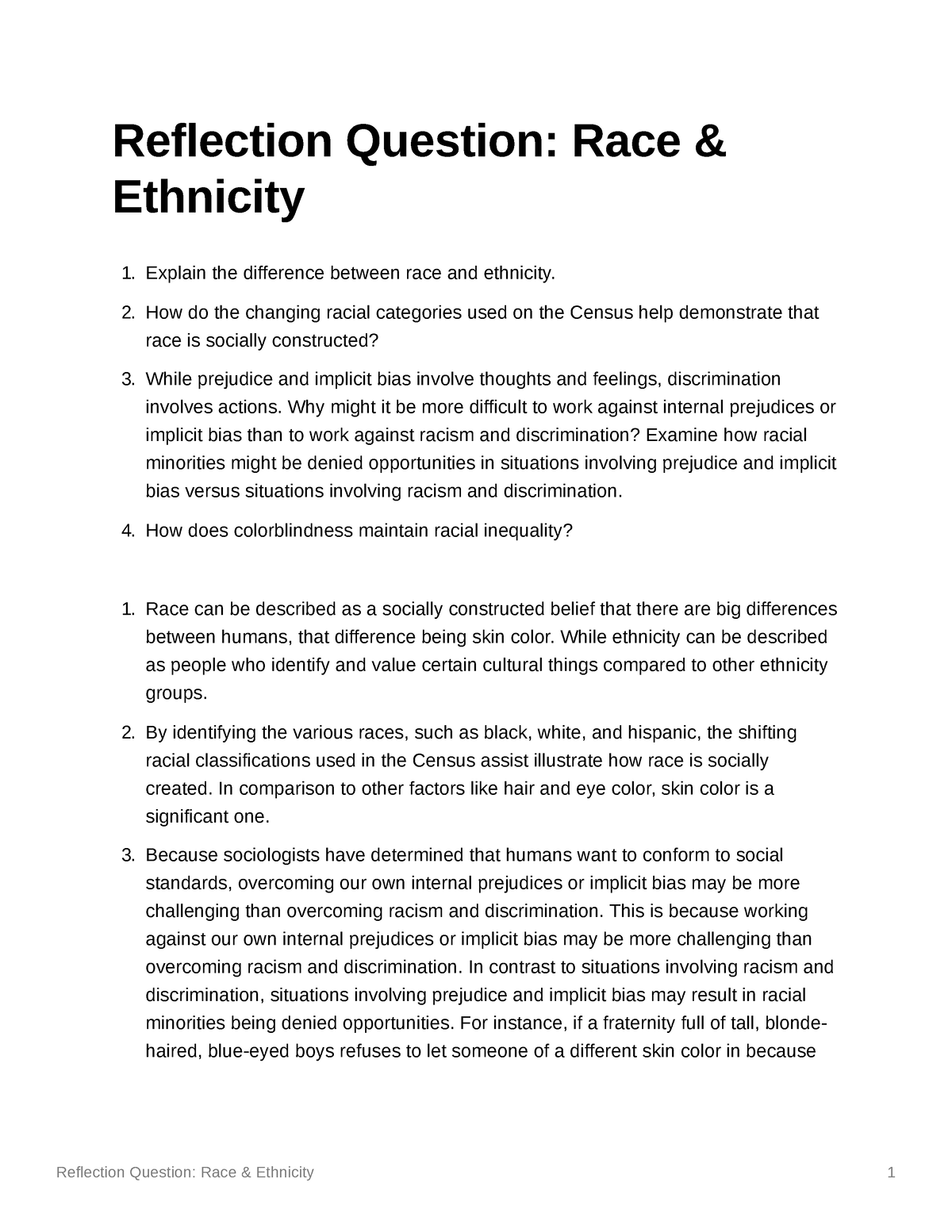 race and ethnicity reflection paper