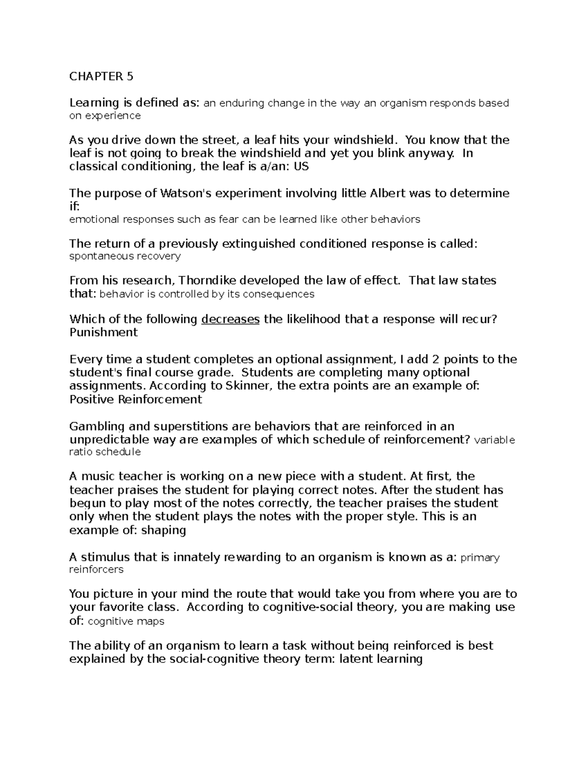 Psychology Notes - CHAPTER 5 Learning is defined as: an enduring change ...