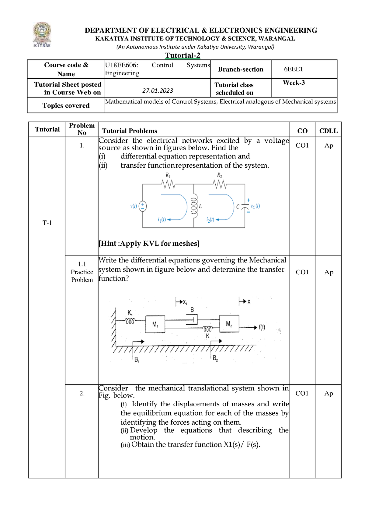 U18EE606 CS Tutorial-2 - DEPARTMENT OF ELECTRICAL & ELECTRONICS ...