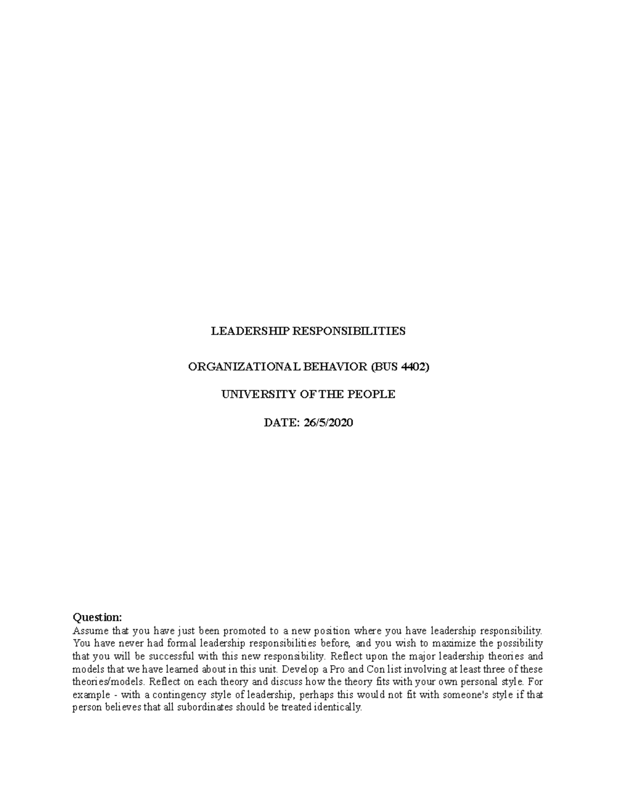 Written Assignment Unit 7 - ORGANIZATIONAL BEHAVIOR (BUS 4402 ...