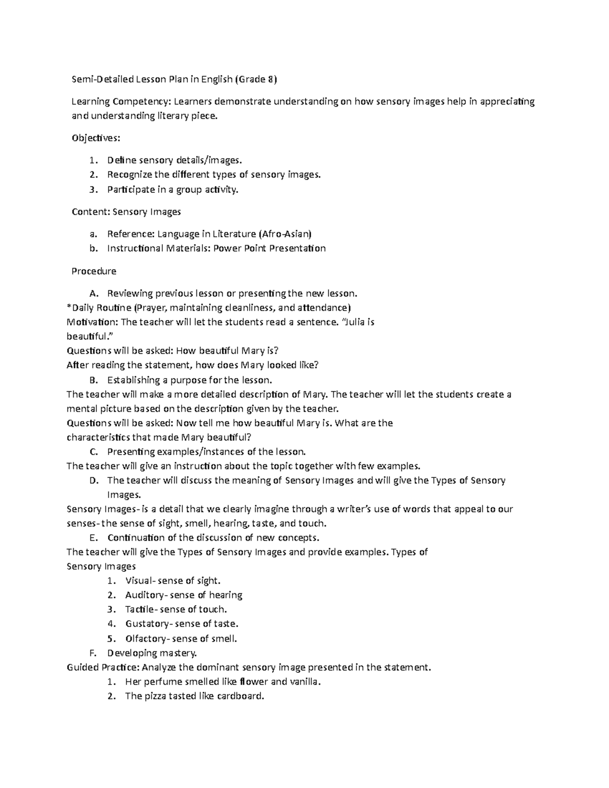 Sensory Images LESSON PLAN IN ENGLISH SemiDetailed Lesson Plan in