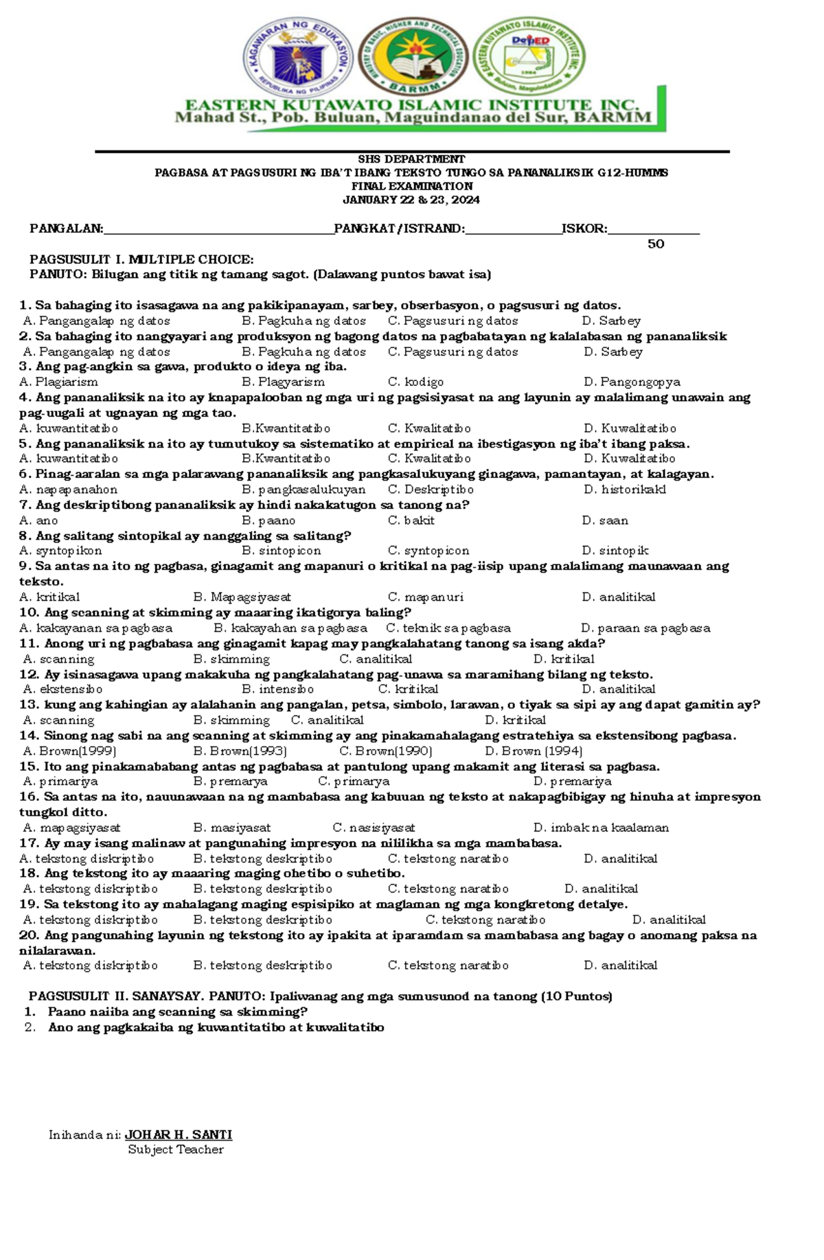 Filipino Midterm - SHS DEPARTMENT PAGBASA AT PAGSUSURI NG IBA’T IBANG ...