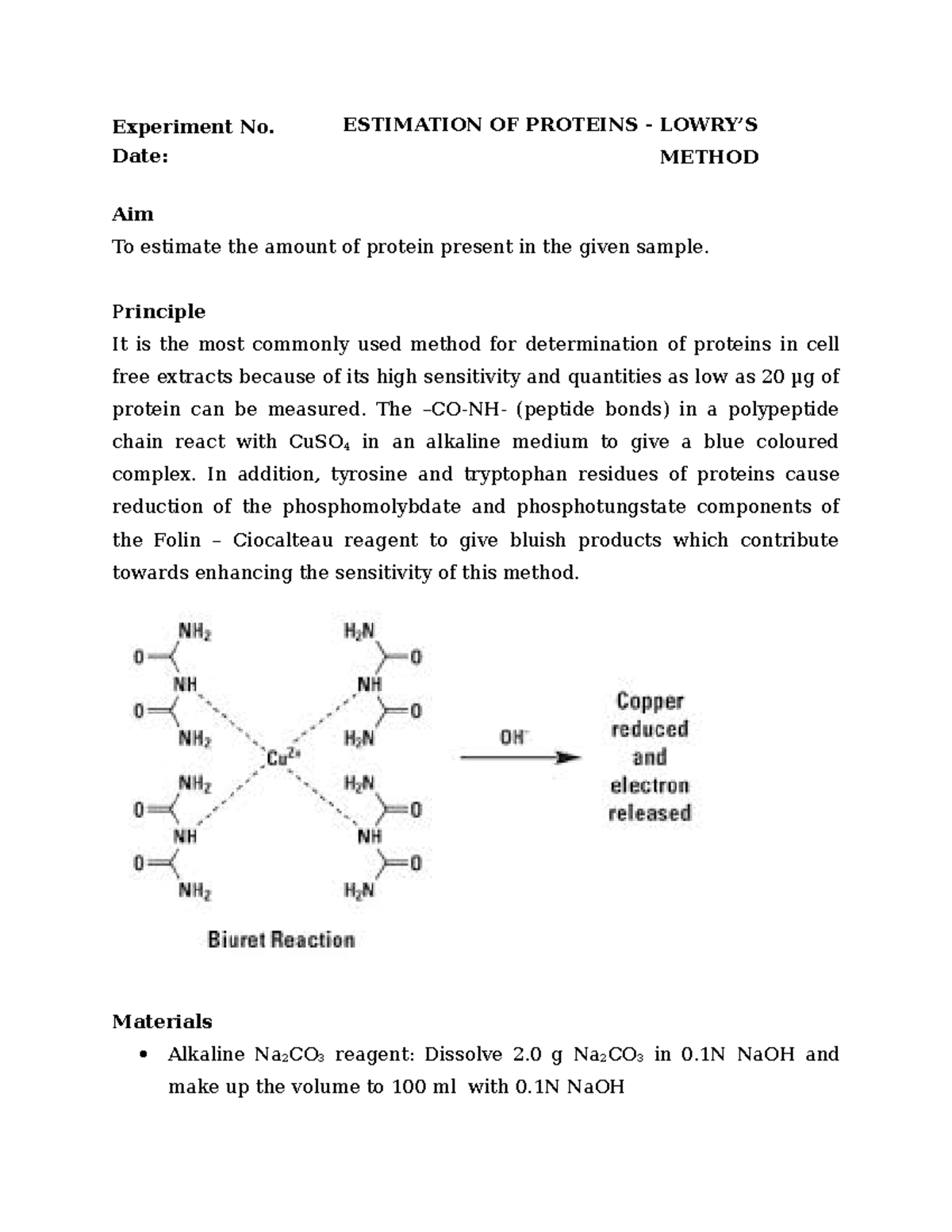 PROTEIN ESTIMATION BY LOWERY METHOD( WRITTEN FORMAT). - Experiment No ...