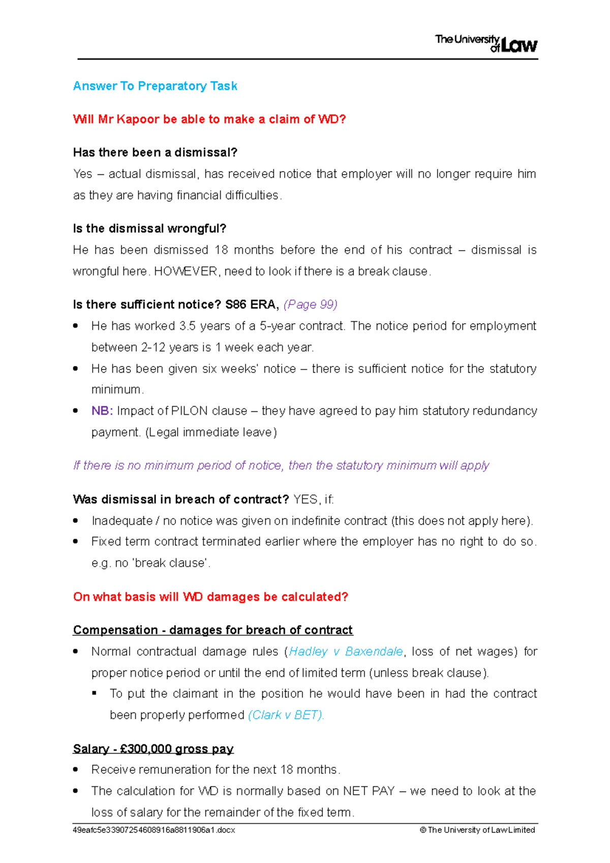 WS 2 - Workshop 2 - Wrongful Dismissal - Answer To Preparatory Task ...