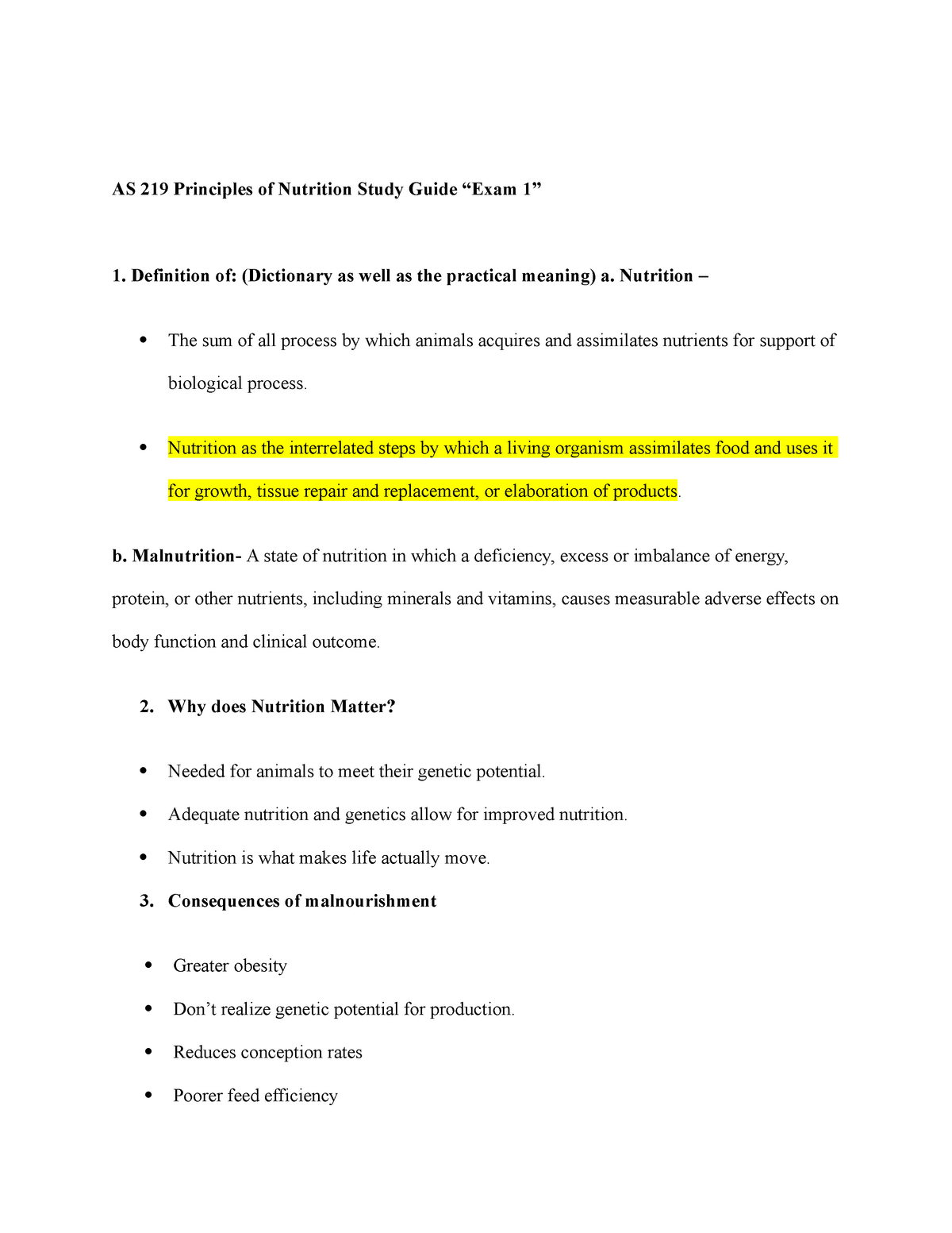 Principles of Animal Nutrition Study Guide Exam 1 - AS 219 Principles of  Nutrition Study Guide “Exam - Studocu