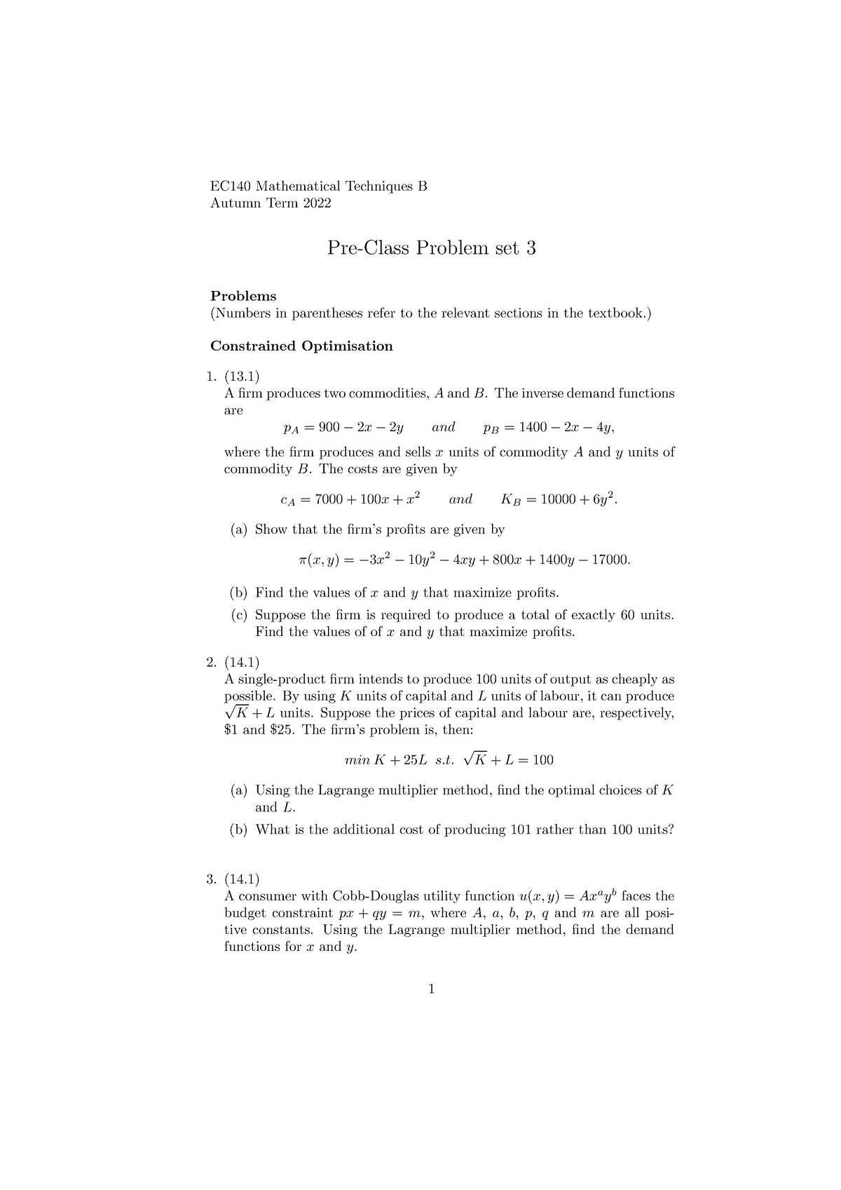 EC140 2022 23 Pre Class Problem Set 3 - EC140 Mathematical Techniques B ...