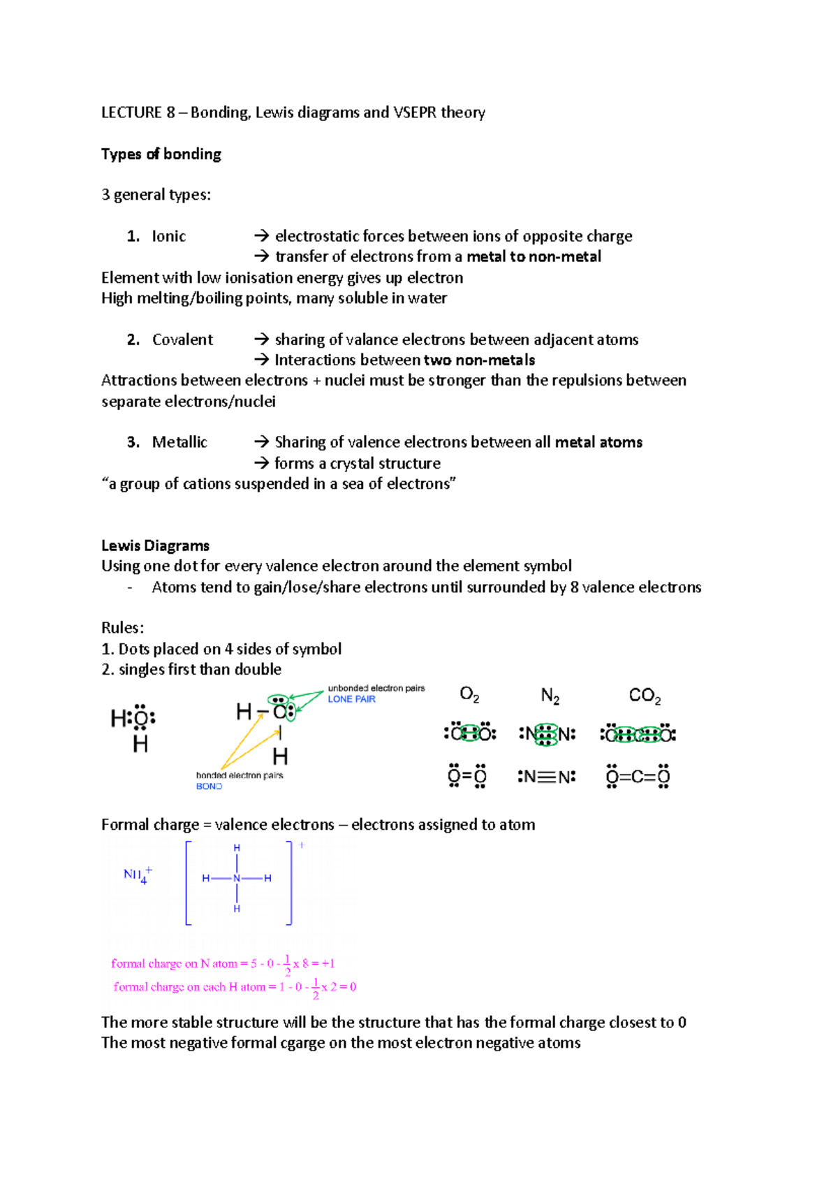 Lecture 8 VESPER notes LECTURE 8 Bonding, Lewis diagrams and