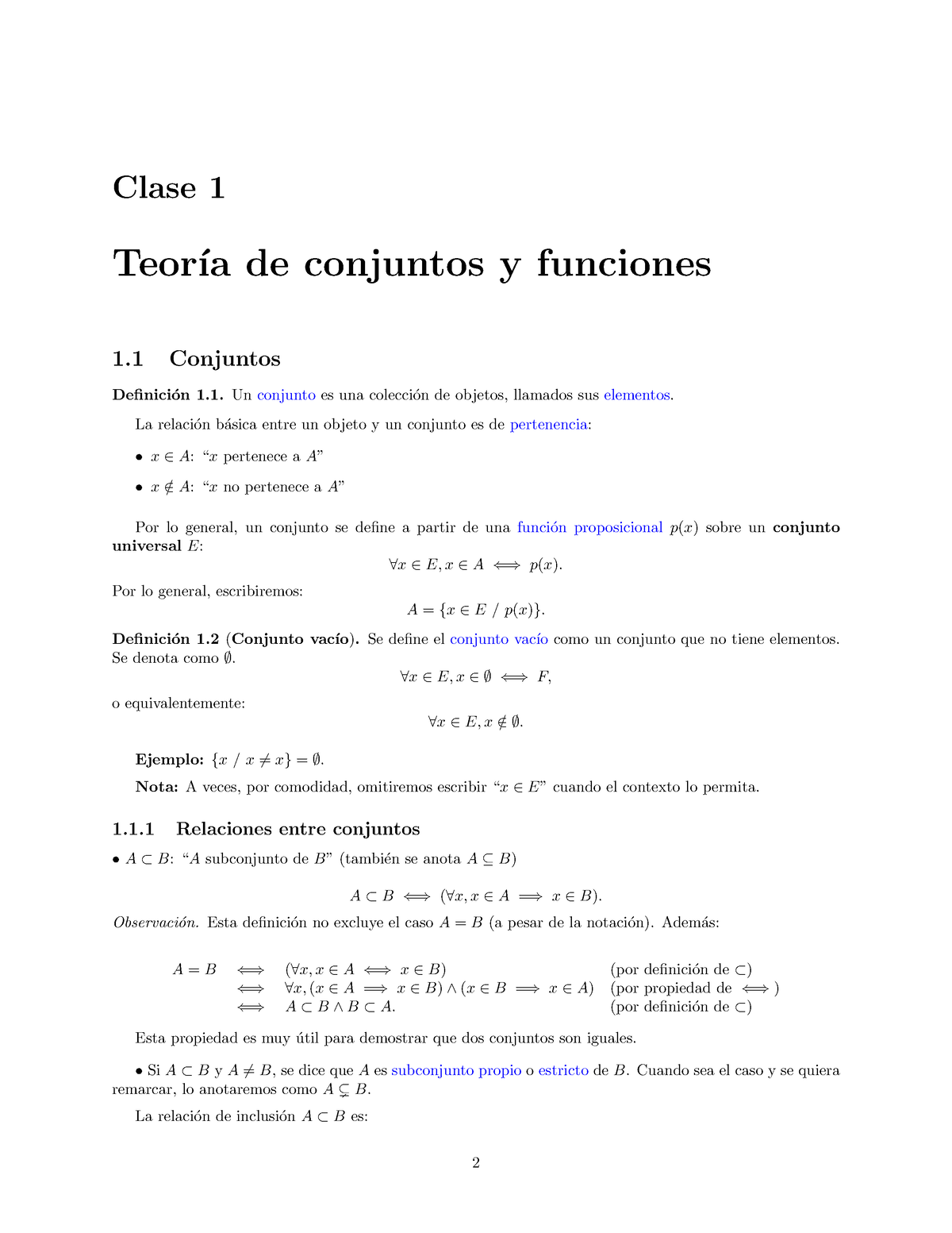 Clase A Clase 1 - Clase 1 Teor ́ıa De Conjuntos Y Funciones 1 Conjuntos ...