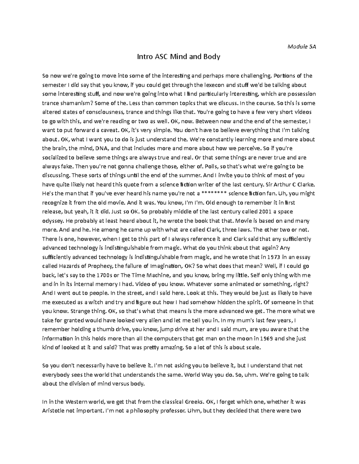 Intro ASC Mind and Body - transcript of lecture - Module 5A Intro ASC ...