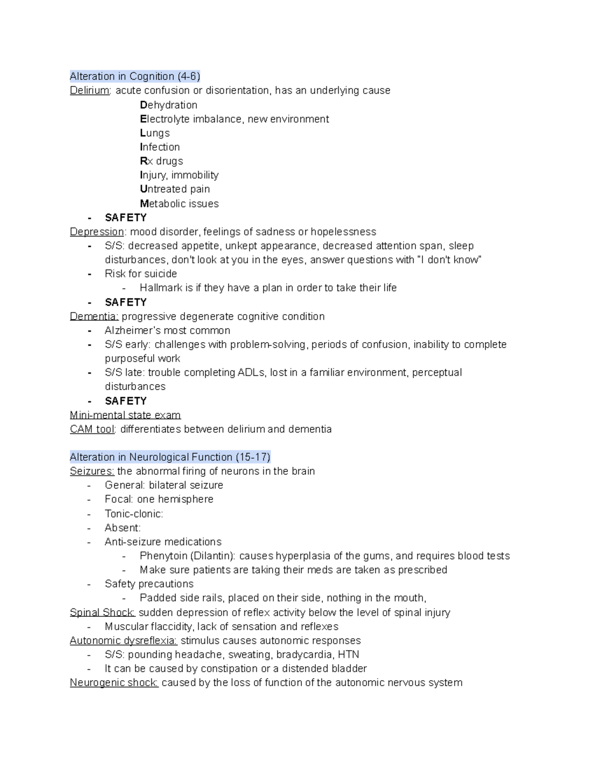 Med Surg Test Map - Alteration in Cognition (4-6) Delirium: acute ...