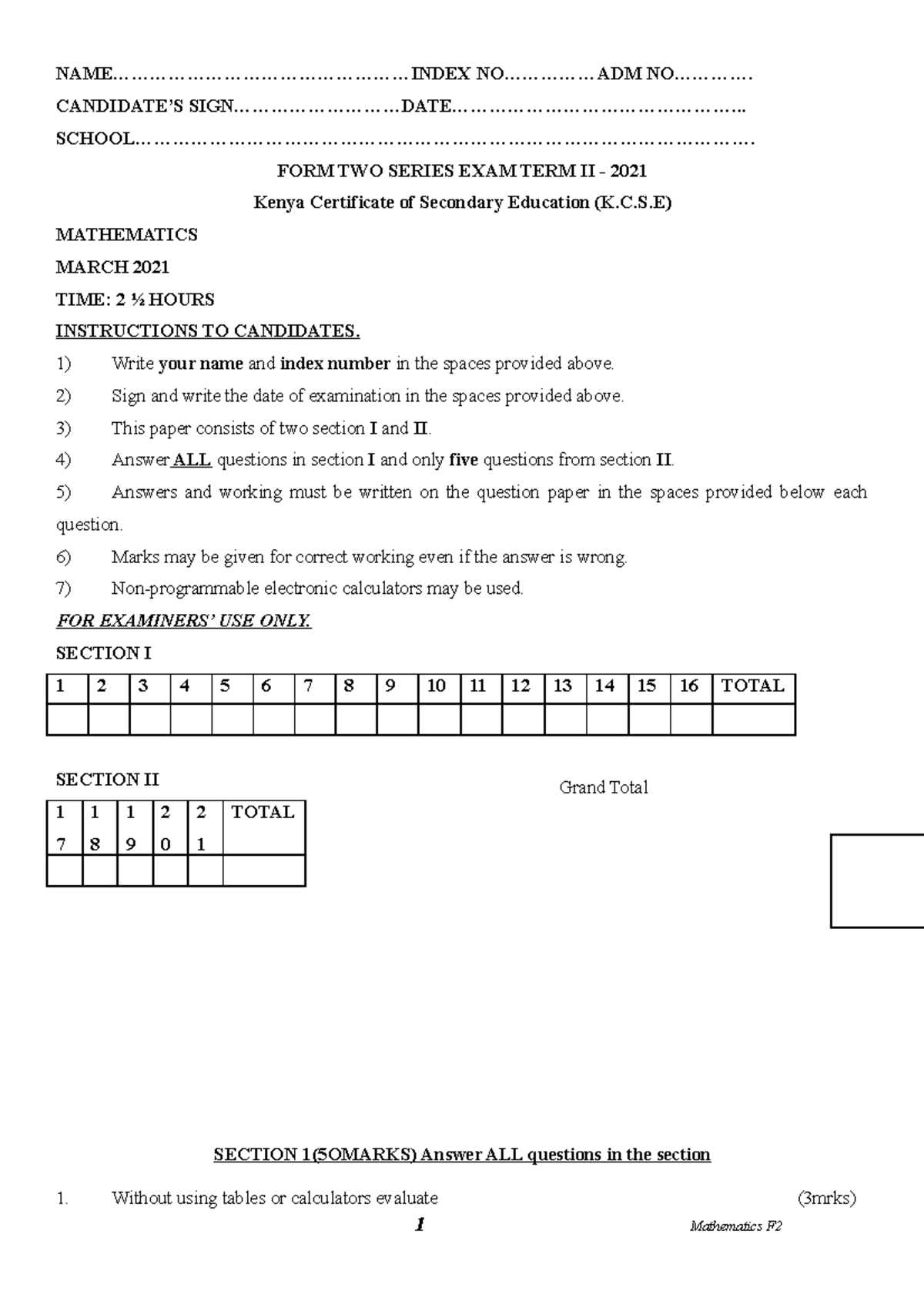 FORM 2 Mathematics 2021 QS - NAME ...