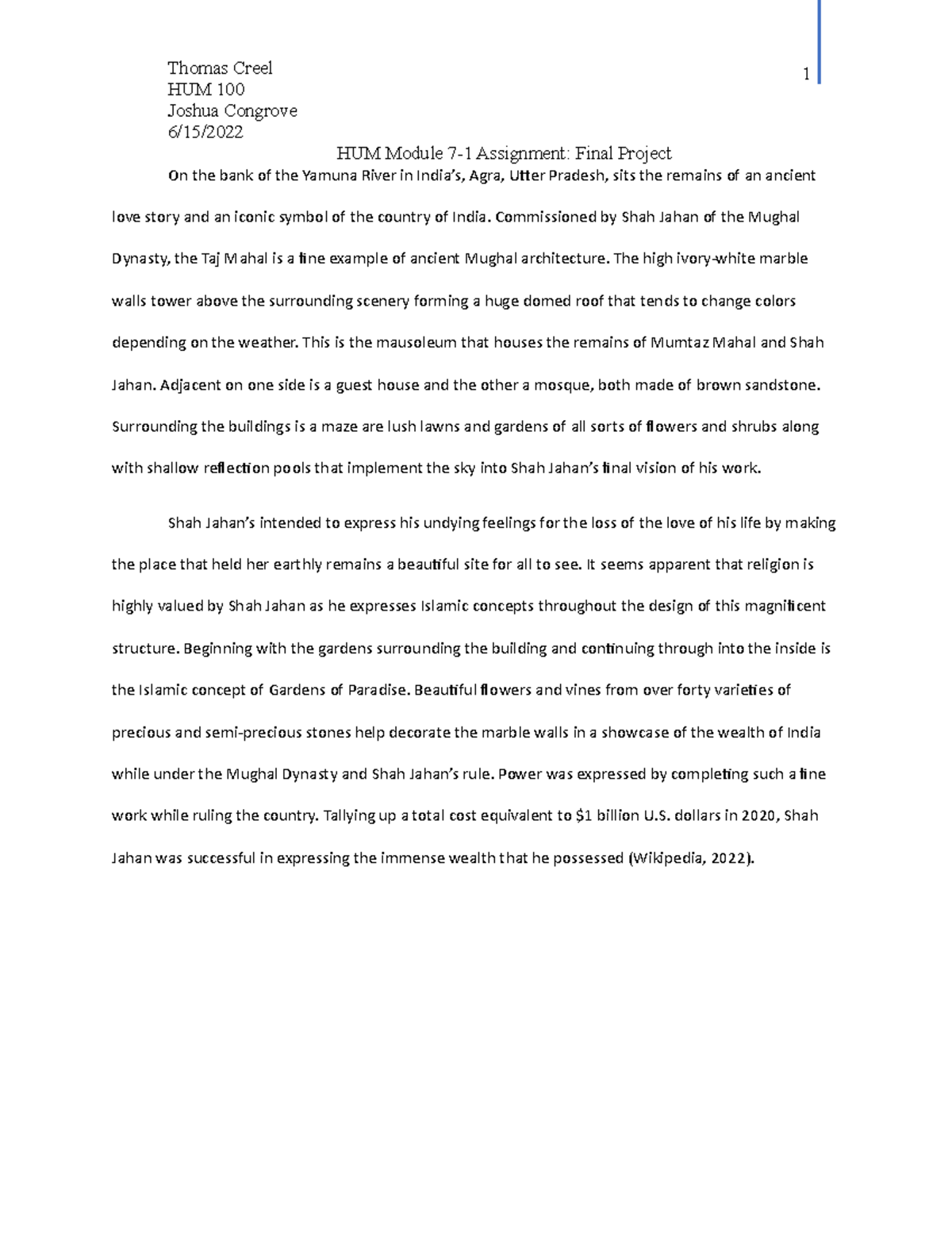 Hum final - ....... - Thomas Creel HUM 100 Joshua Congrove 6/15/2022 ...