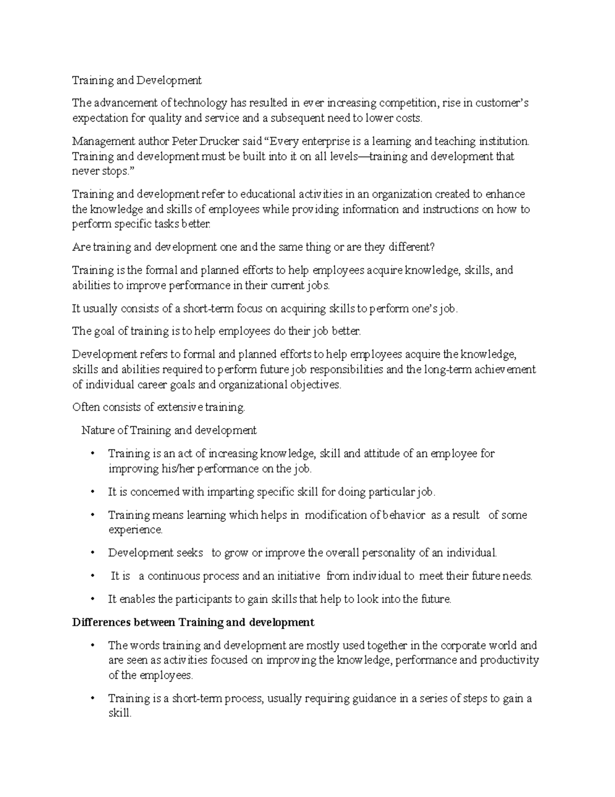 Training And Development doc - Training and Development The advancement ...