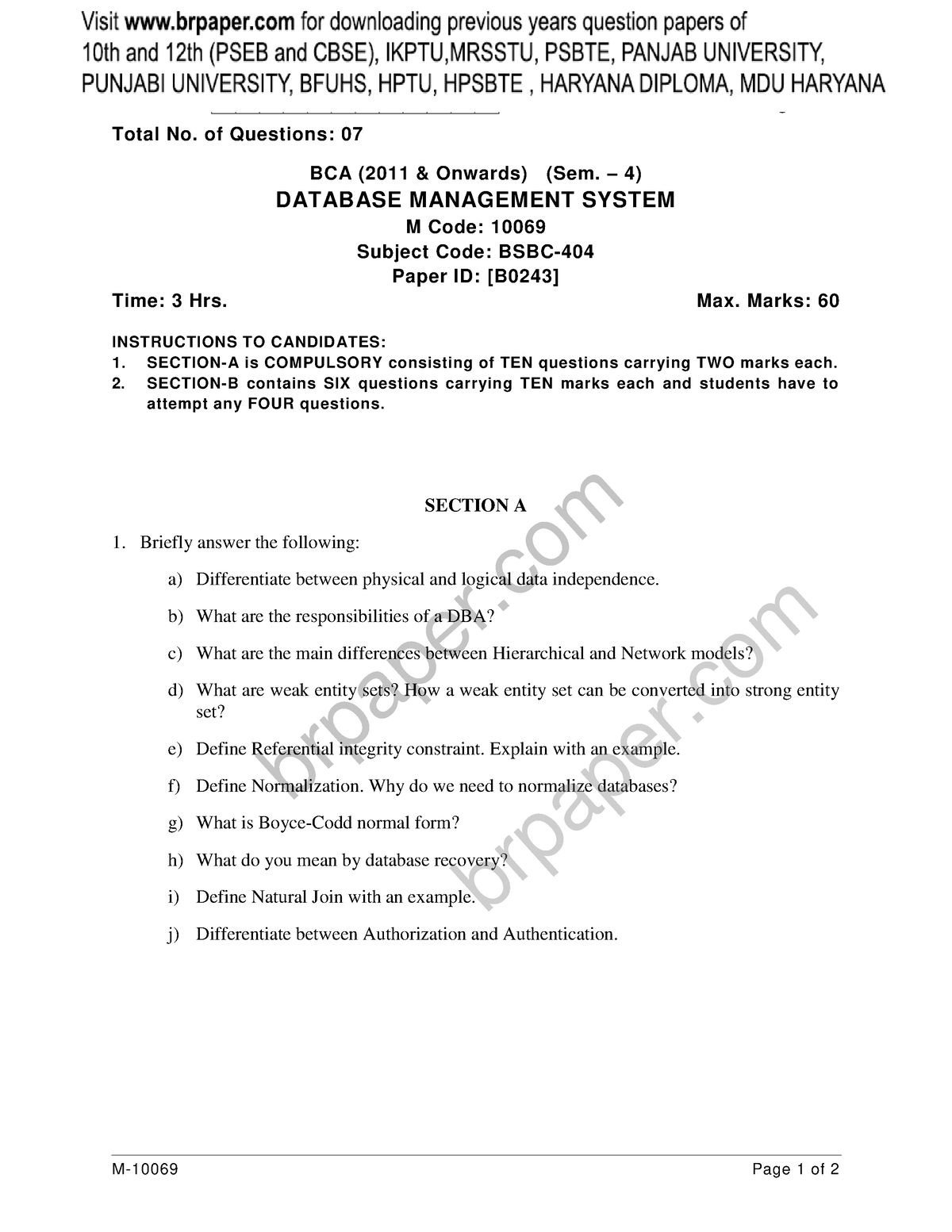 DBMS(4th)May2018 - Bca - Roll No. Total No. Of Pages: 02 Total No. Of ...