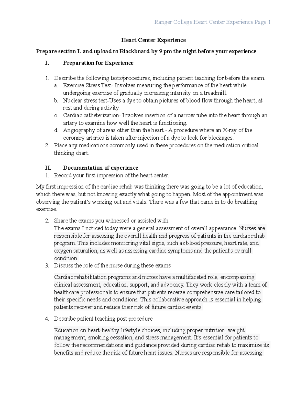 Heart Center Experience.week 9 - Ranger College Heart Center Experience ...