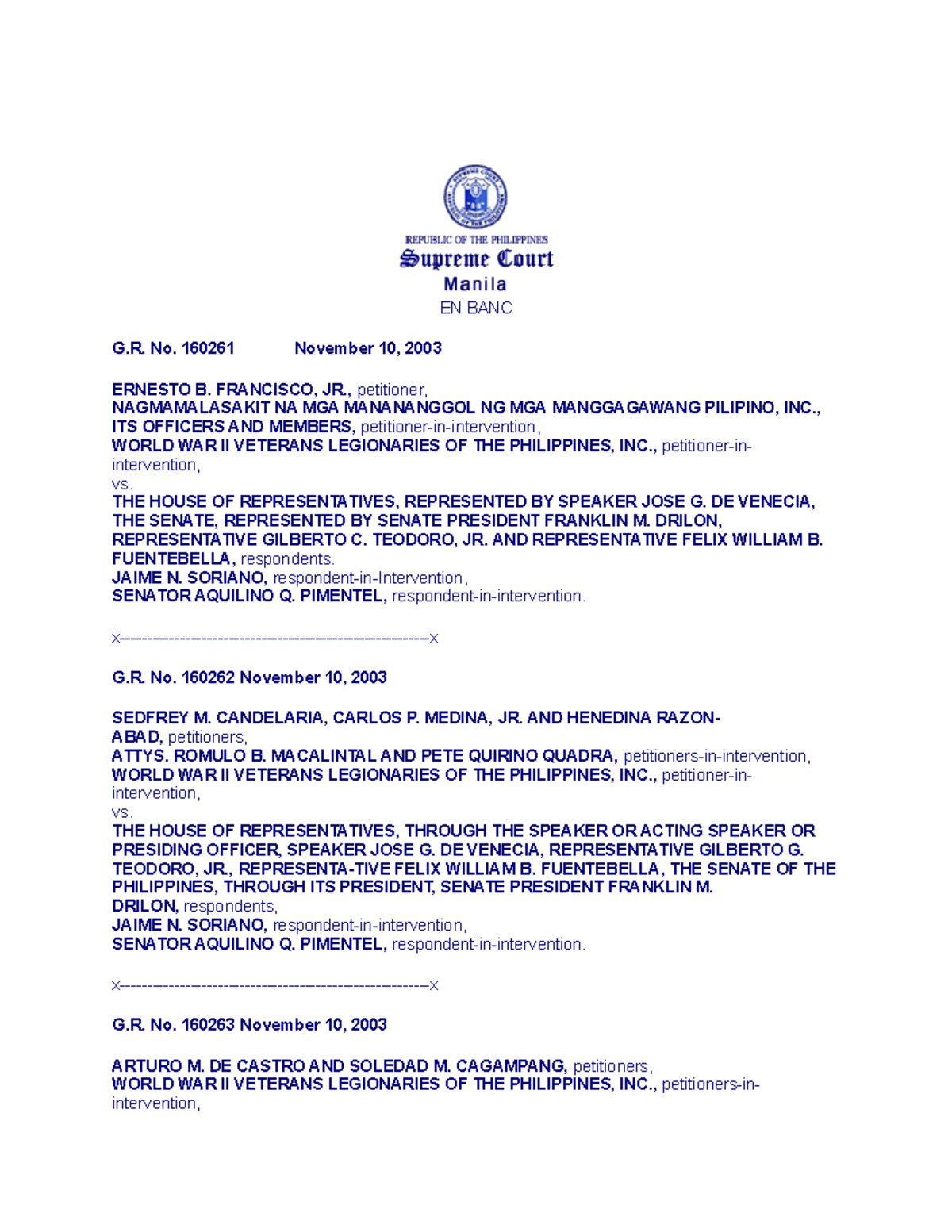 Francisco Vs. NMMP, Inc. 425 SCRA 44 (2003 ) - EN BANC G. No. 160261 ...