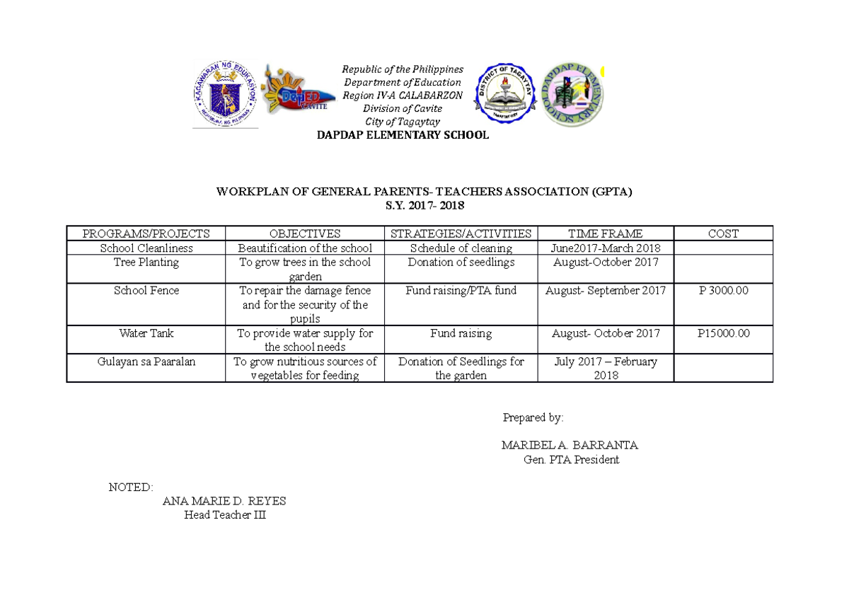 Workplan OF General Parents - WORKPLAN OF GENERAL PARENTS- TEACHERS ...