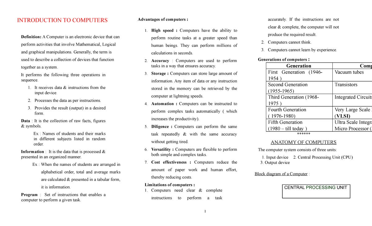 Introduction TO Computers 2 - INTRODUCTION TO COMPUTERS Definition: A ...