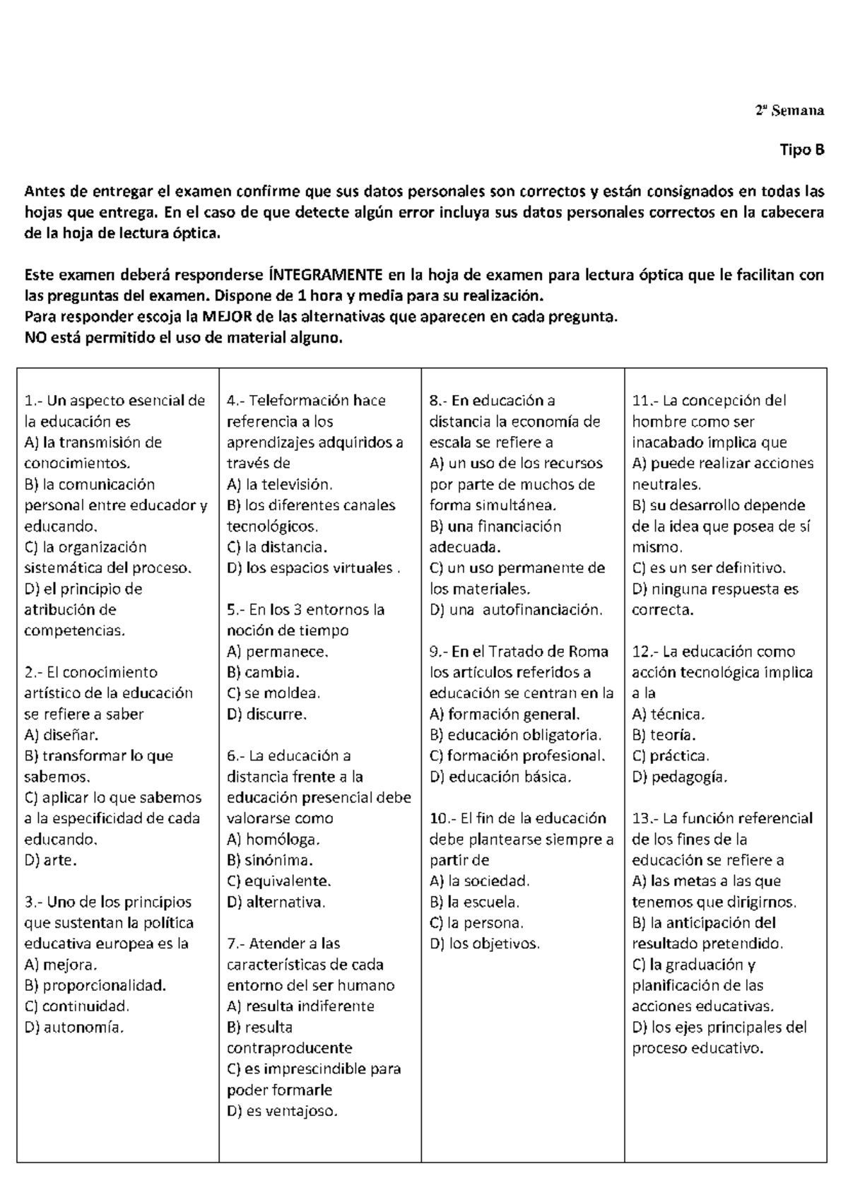 Examen 2017, Preguntas - 2a Semana Tipo B Antes De Entregar E| Examen ...